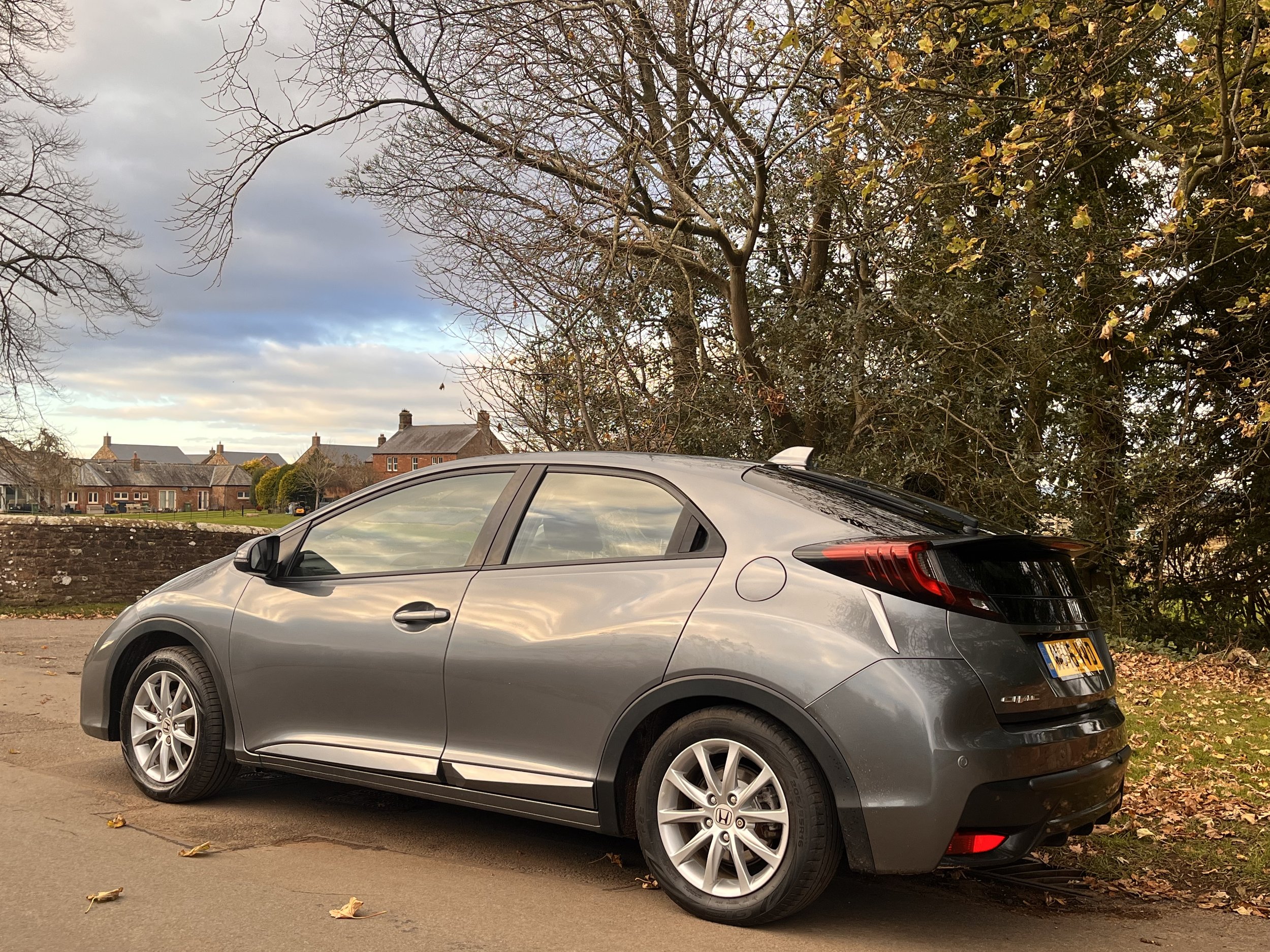 A gray Honda Civic parked on a street with autumn leaves on the ground, trees with mostly bare branches, and a neighborhood with houses in the background under a partly cloudy sky.
