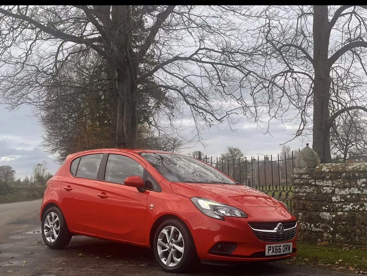 A red hatchback car parked near a stone fence under leafless trees on an overcast day.