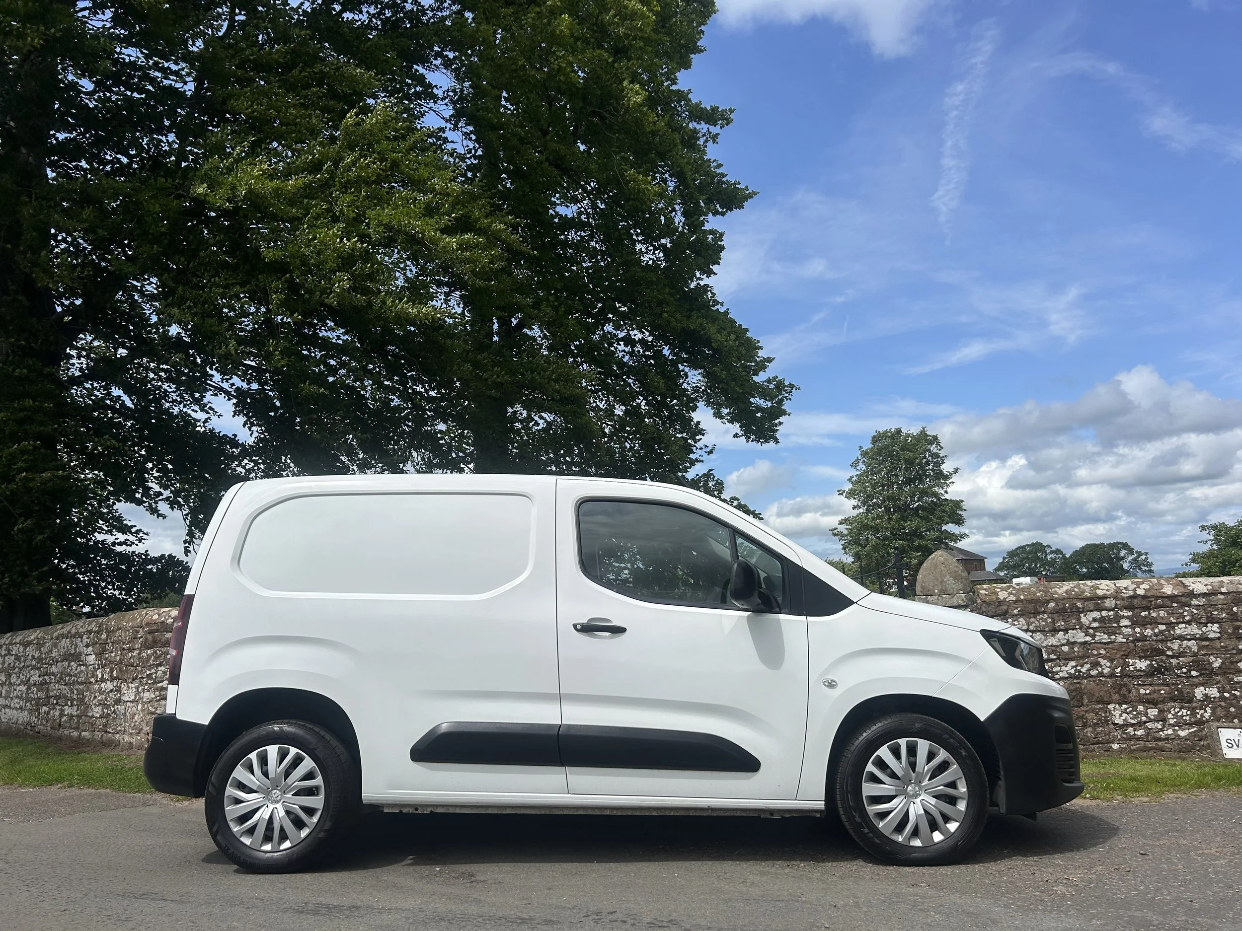 White cargo van parked on road with a stone wall and large trees in the background under a partly cloudy sky.