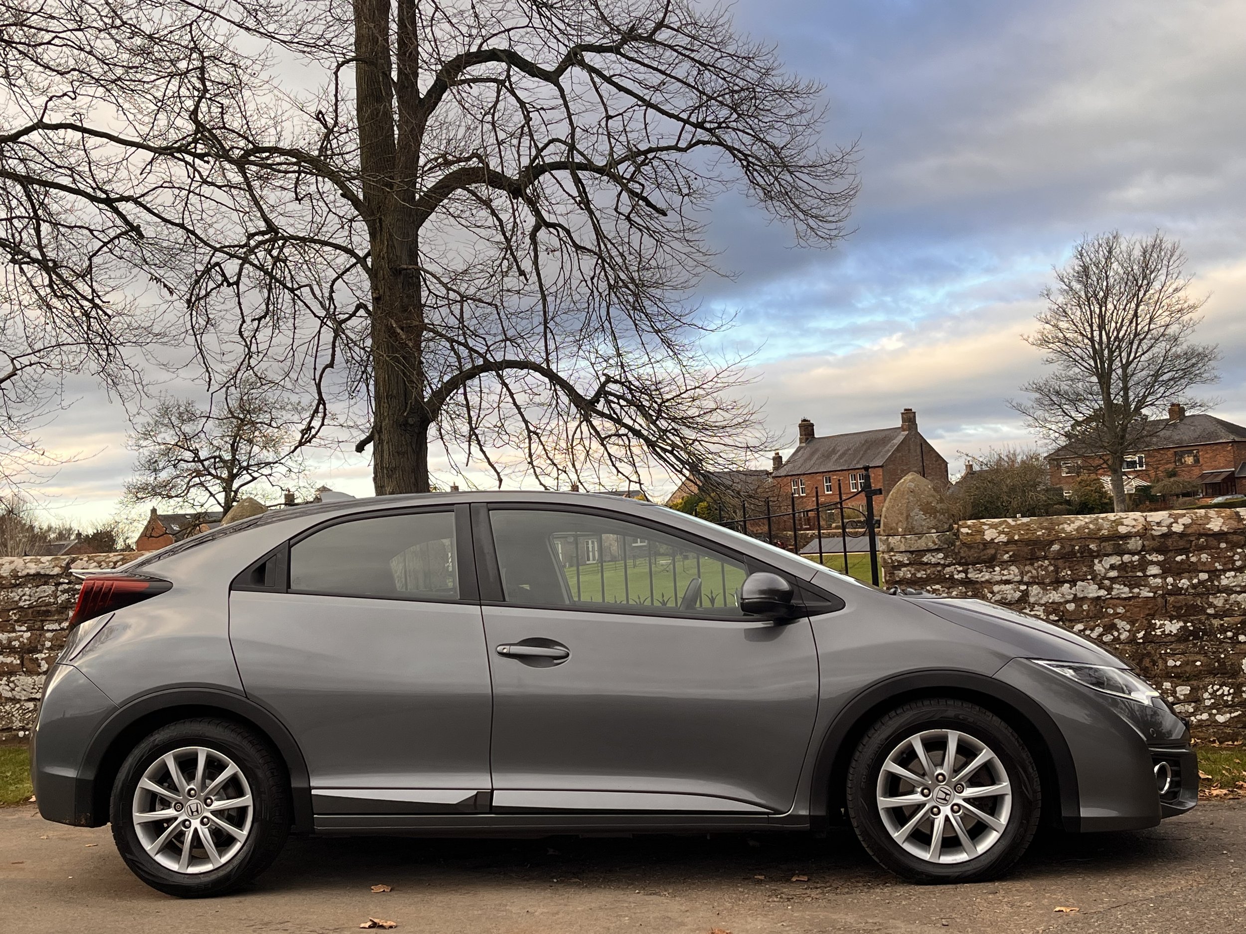 Gray Honda Civic parked on the street with a stone wall, leafless trees, and houses in the background under a cloudy sky.