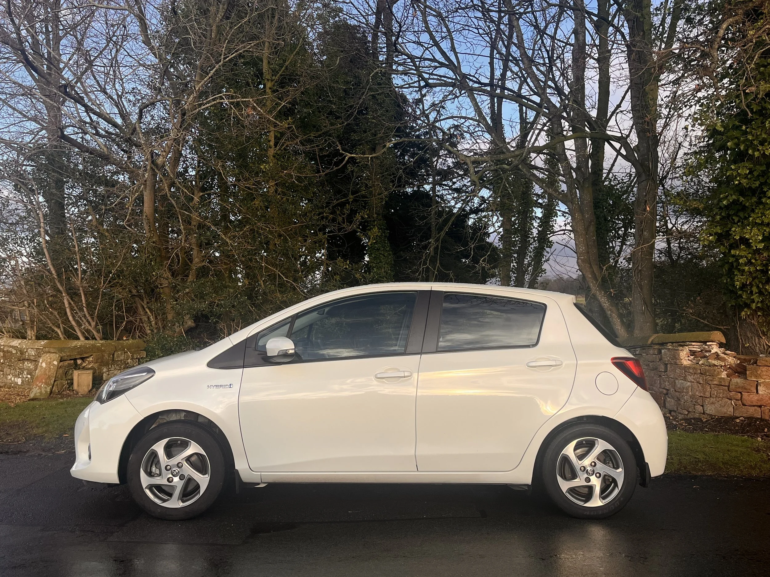 A white hatchback car parked on a dark paved surface in front of a brick wall and leafless trees with a blue sky background.