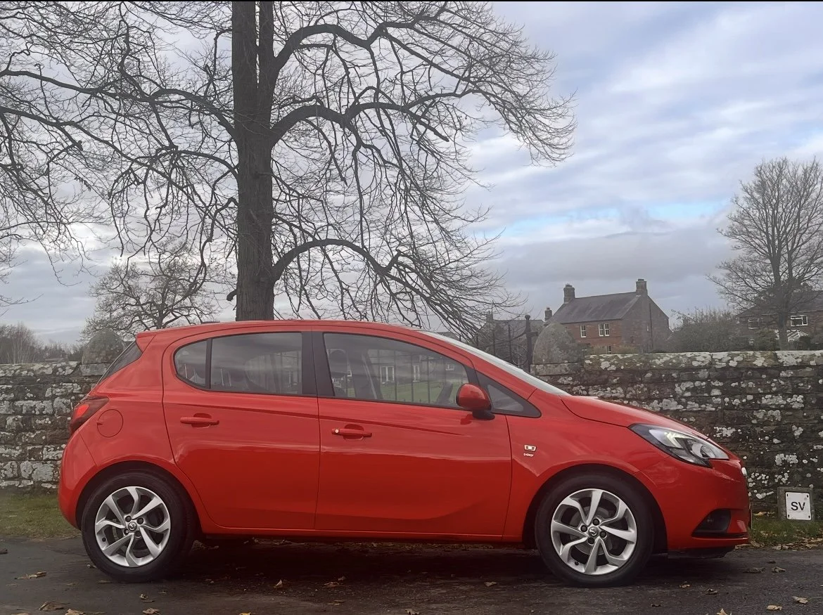 Red hatchback car parked next to a stone wall with leafless trees and cloudy sky in the background.
