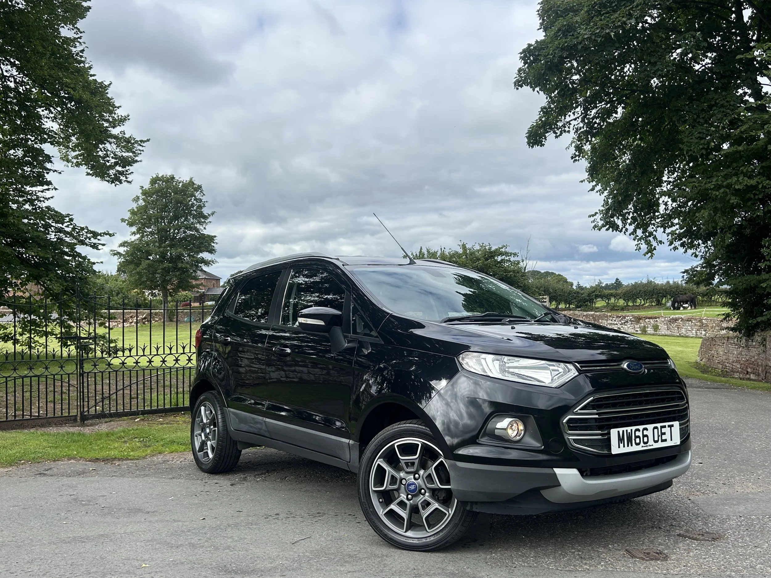 Black Ford EcoSport parked on a paved surface with a green field and trees in the background and a cloudy sky overhead.