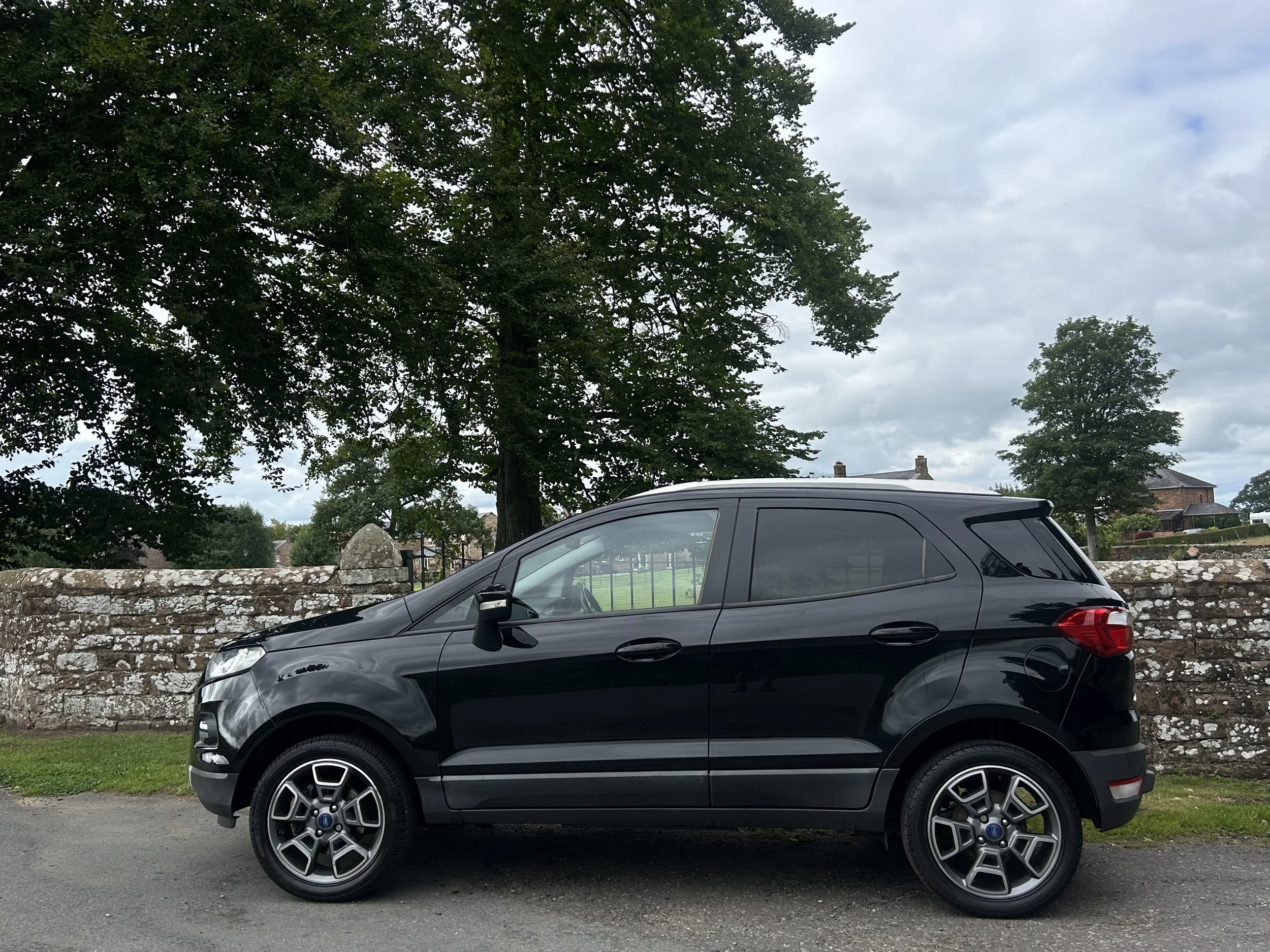 Black SUV parked on the street near a stone wall with trees and houses in the background.
