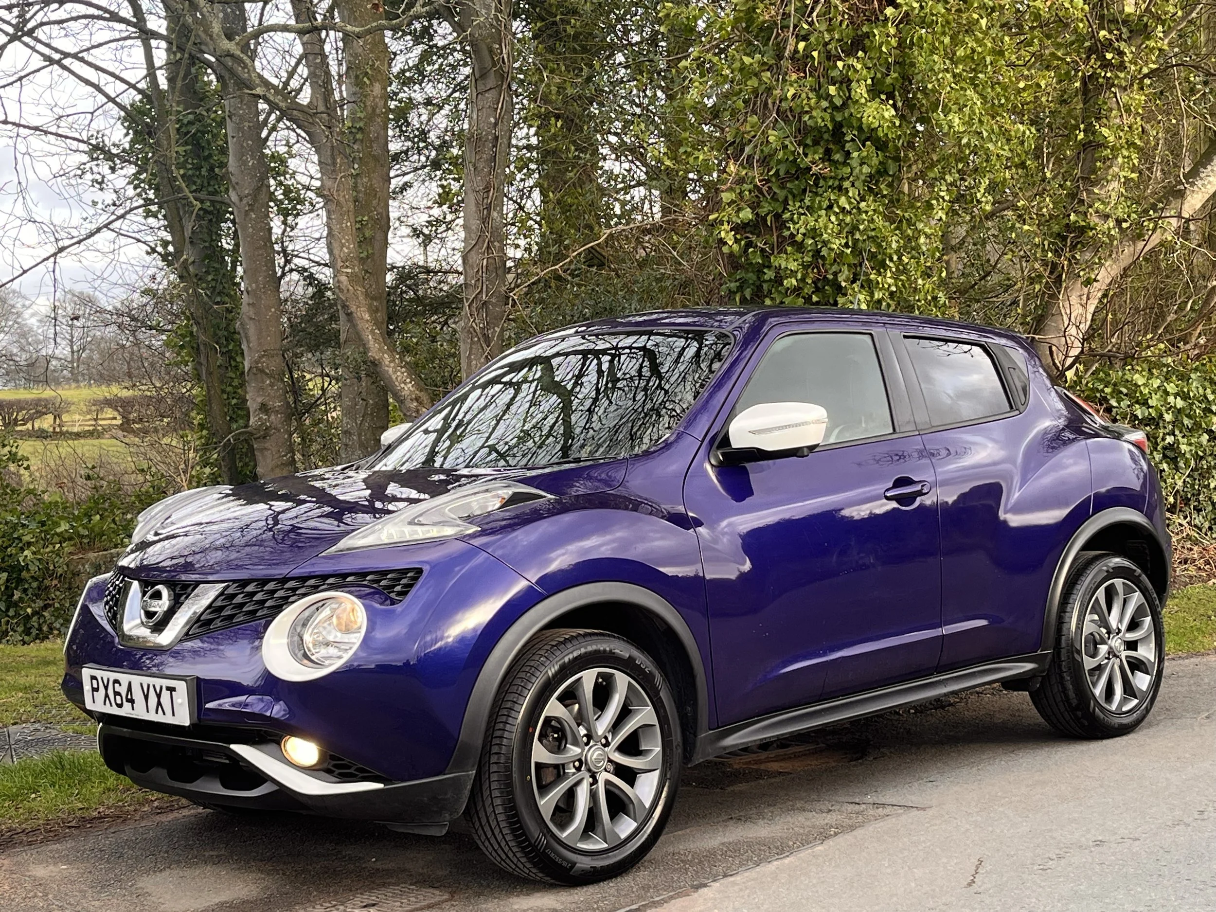 A purple Nissan Juke parked on a roadside, with trees and green foliage in the background.