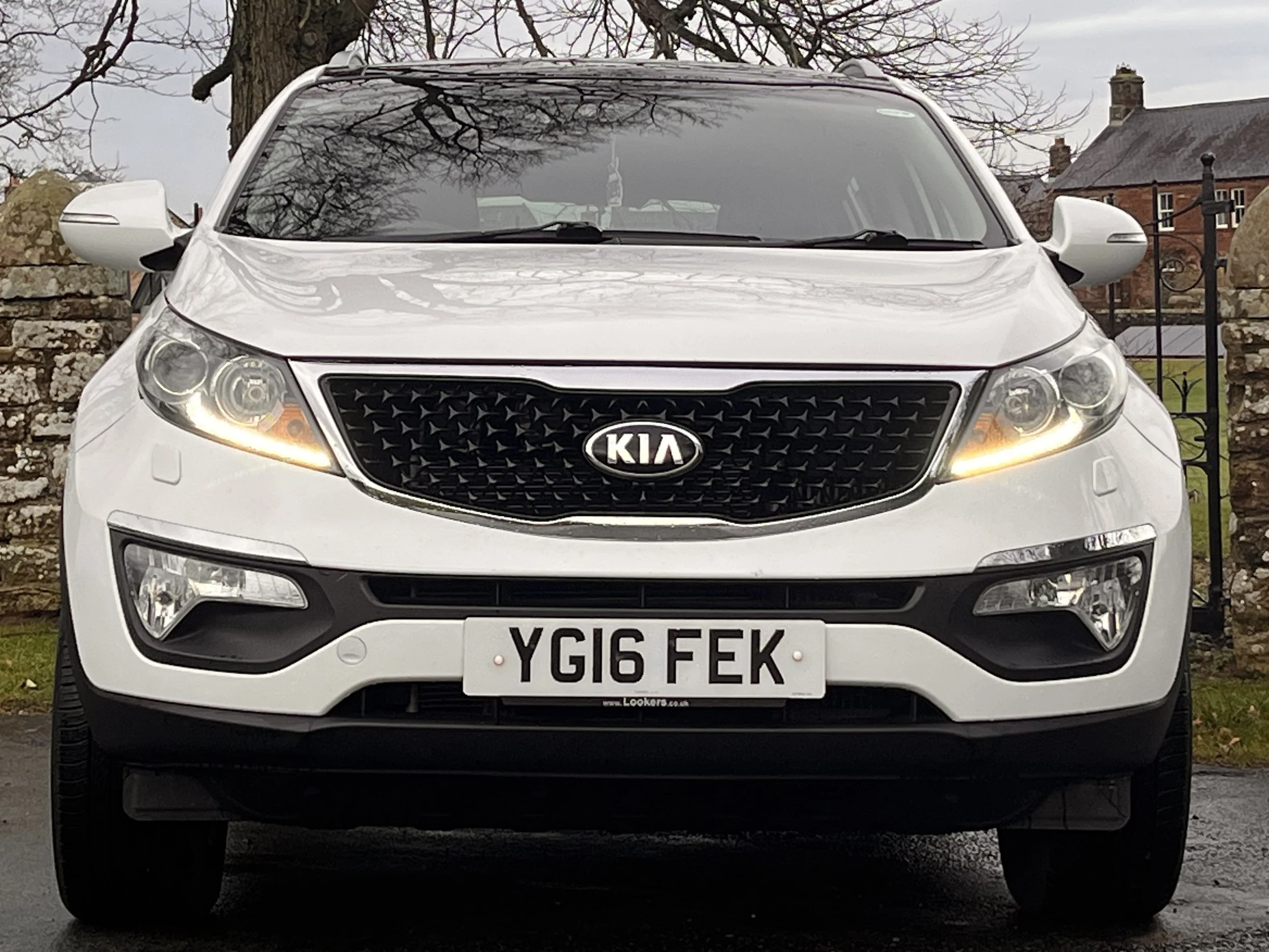 Front view of a white Kia SUV with a UK license plate YG16 FEK, parked outdoors with a tree and stone wall in the background.