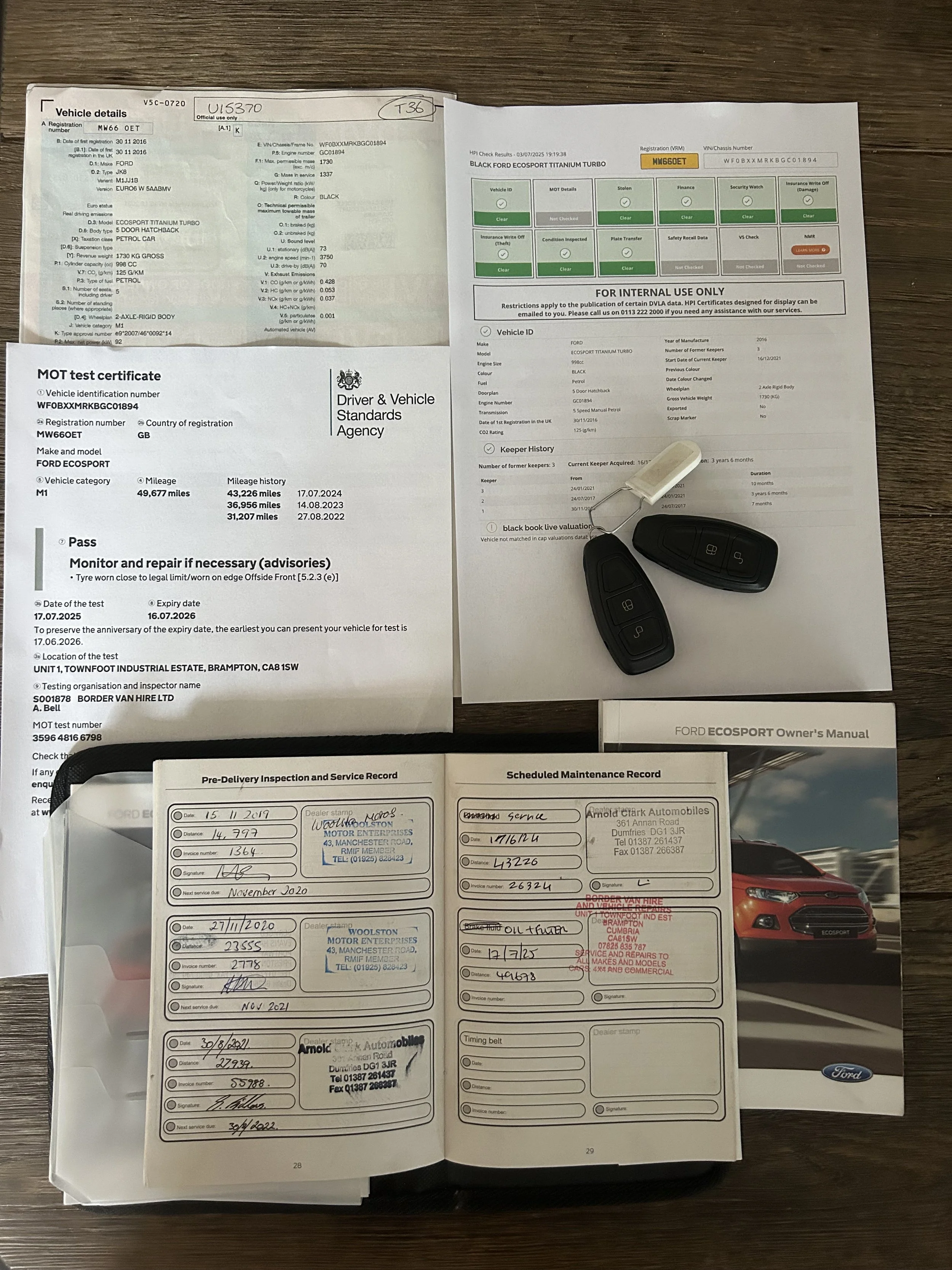 A collection of documents related to a Ford EcoSport vehicle, including a vehicle registration certificate, MOT test certificate, inspection and service records, scheduled maintenance records, owner's manual, and car keys.