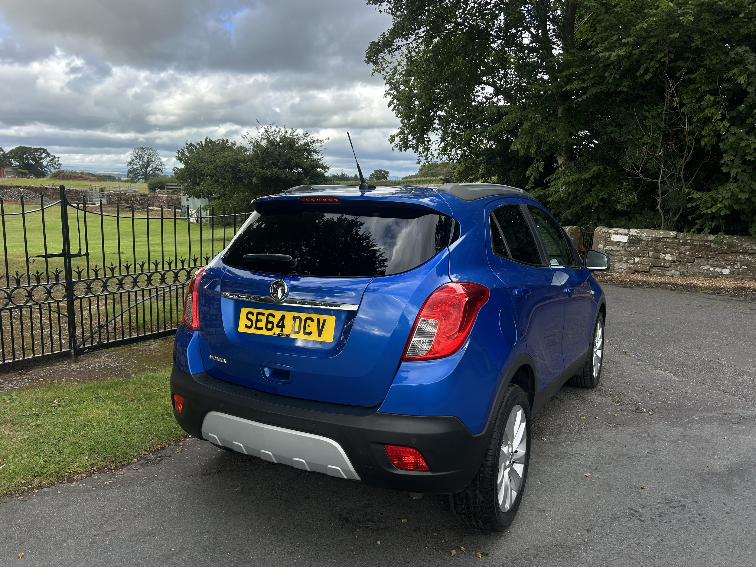 Blue compact SUV parked on a paved surface beside a grassy area with a black metal fence and trees in the background, under a cloudy sky.