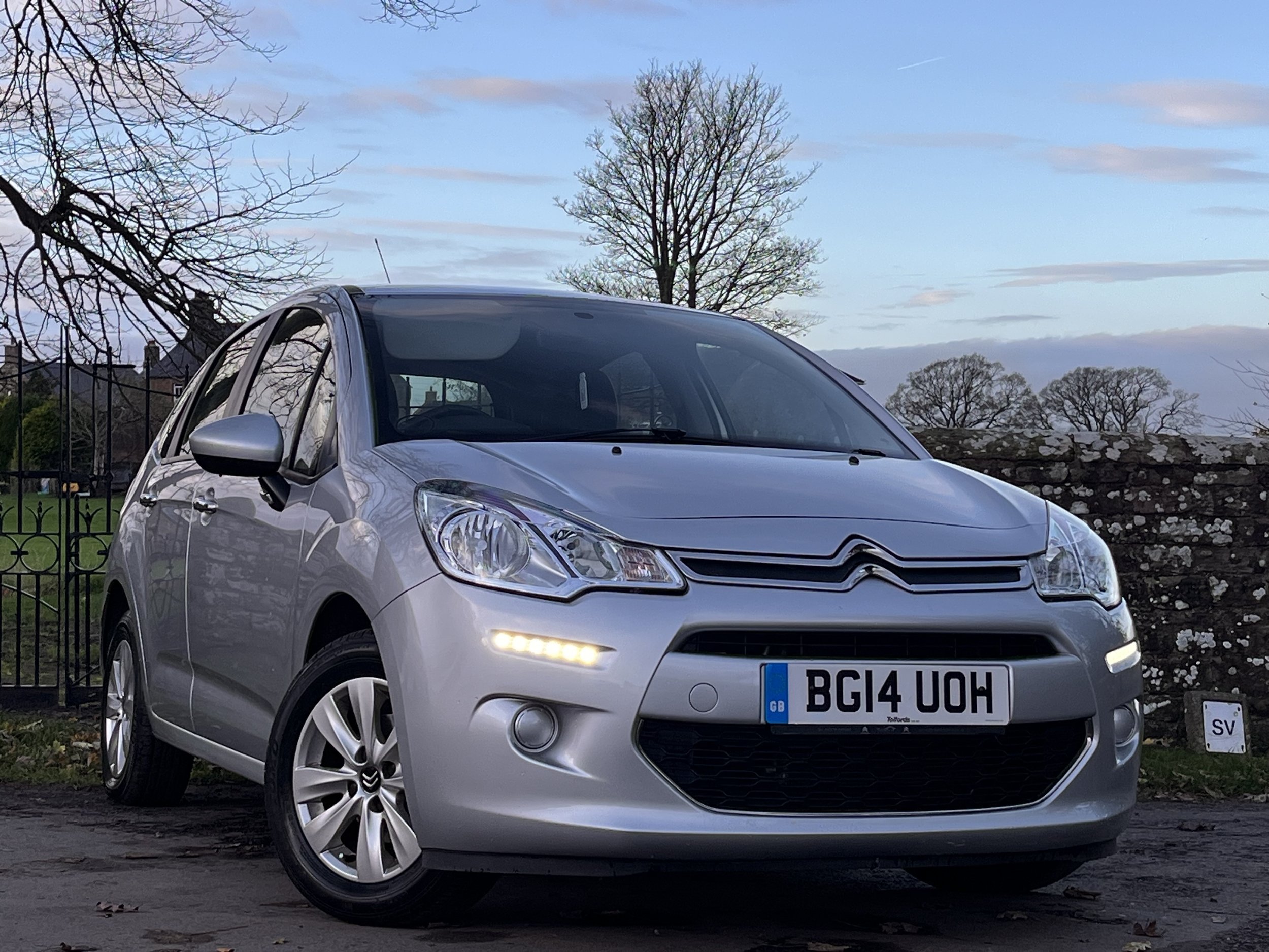 Silver Citroën hatchback car parked outdoors on a cloudy day, with trees and a stone wall in the background.