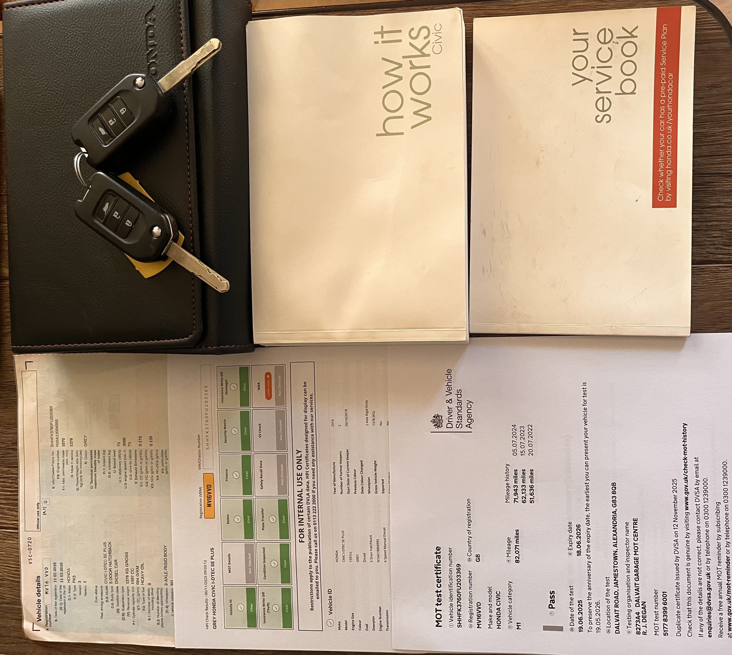 Car documents and two car keys on a black case, placed on a wooden surface.