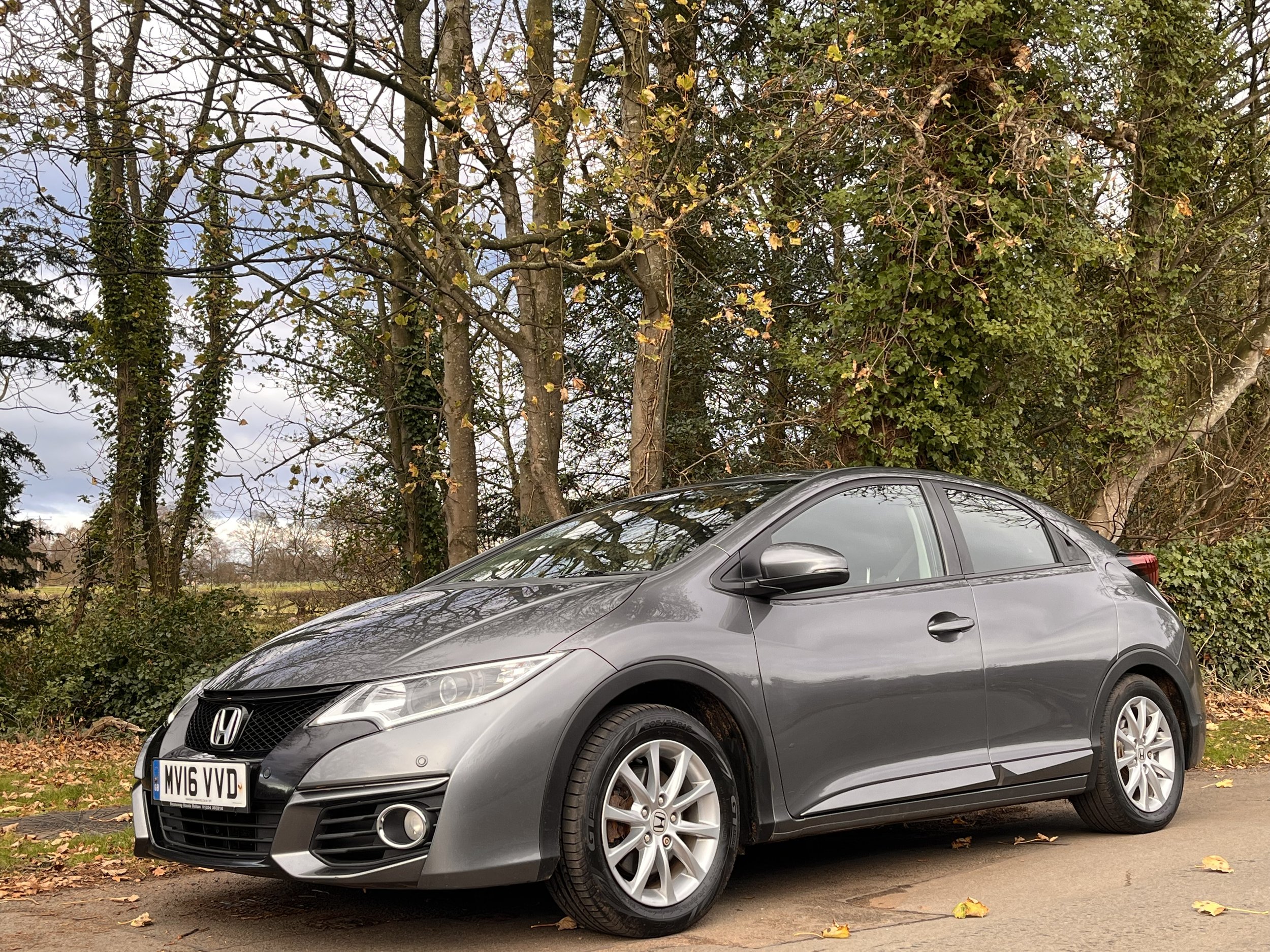 A gray Honda Civic parked on a paved road with fallen leaves, trees, and bushes in the background.
