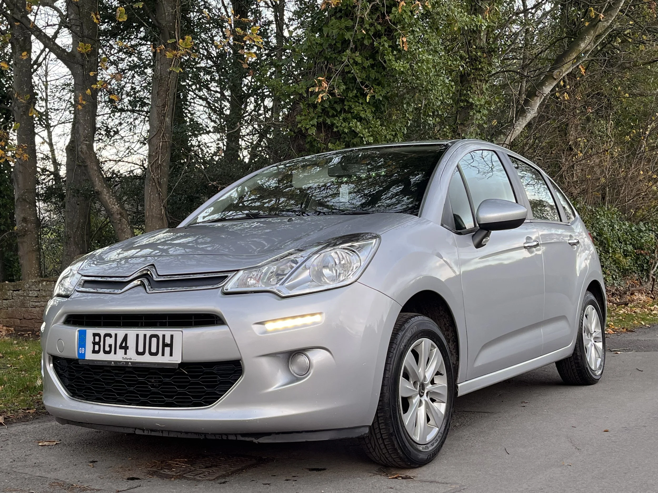 A silver Citroën hatchback car parked on the side of a road with trees and bushes in the background.