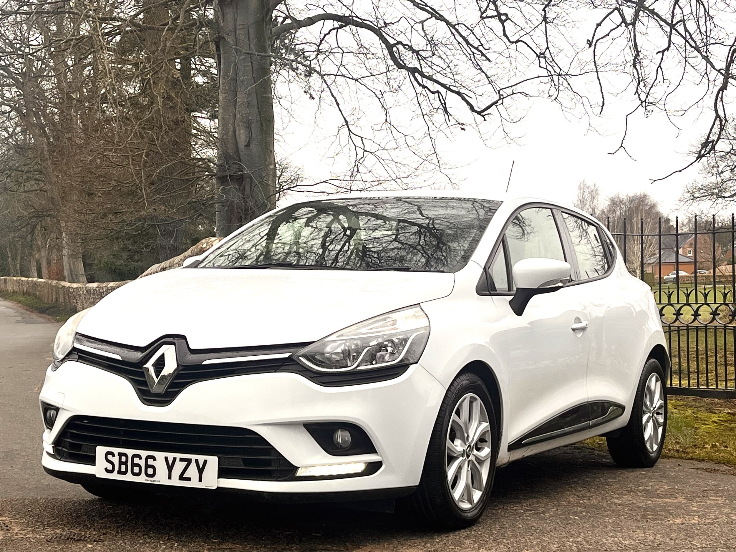 A white Renault car parked on a street with a black metal fence and trees in the background during daytime.