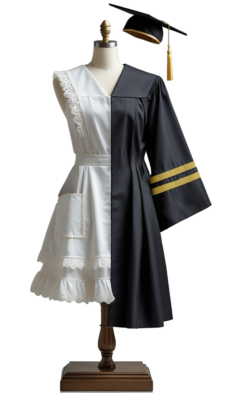 dressmaker's mannequin with white, lacy apron (left side) & black cap and gown (right side)