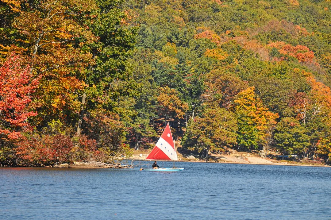 A lone sailboat with a red sail on a calm lake surrounded by vivid autumn foliage — symbolizing the quiet, solitary weight high achievers often carry beneath a beautiful surface.