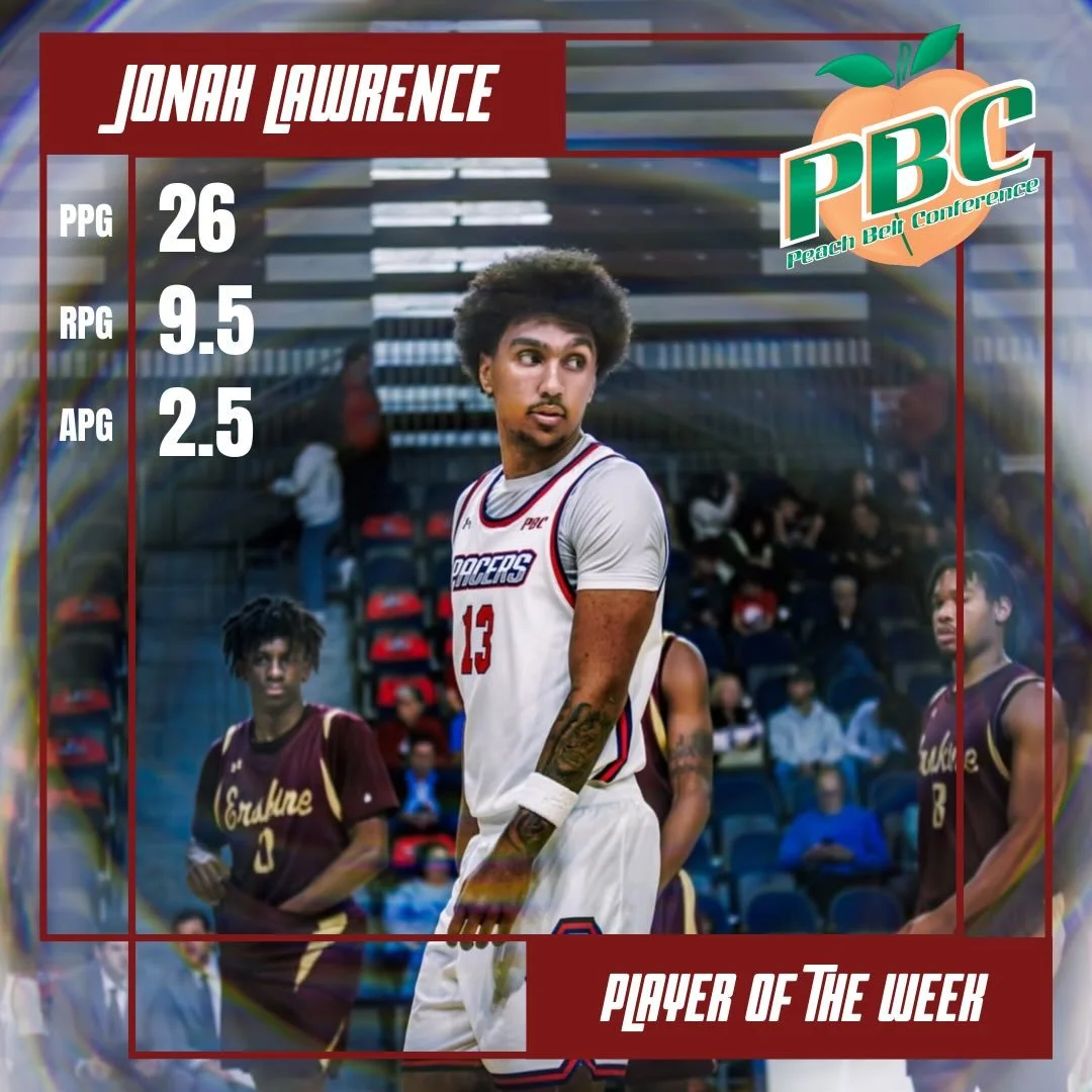 Congratulations to Jonah Lawrence on being named the Peach Belt Conference Player of the Week! Jonah averaged 26 points per game, 9.5 rebounds per game, 2.5 assists per game, and 1 steal per game in 2 games this week. 

📸: @b.d.visions