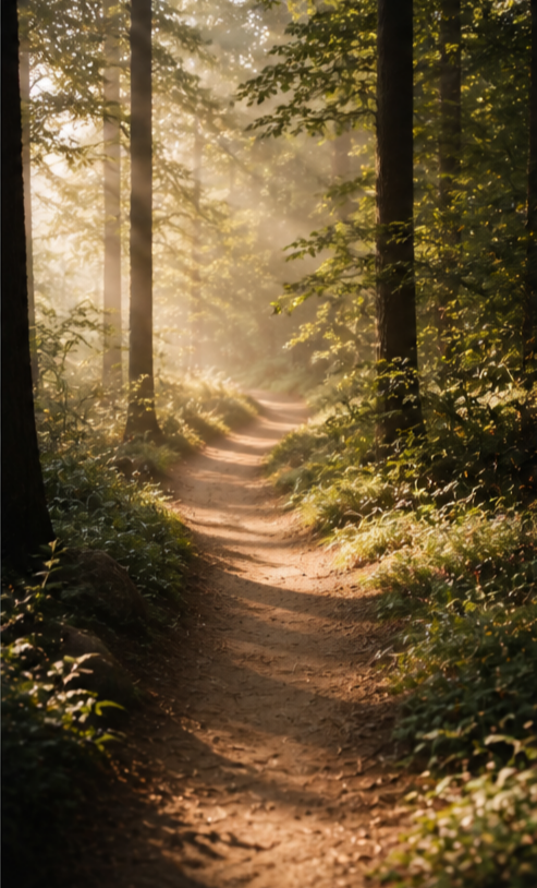 Ein schmaler Wanderweg durch einen bewaldeten Wald mit Sonnenlicht, das durch die Bäume scheint.