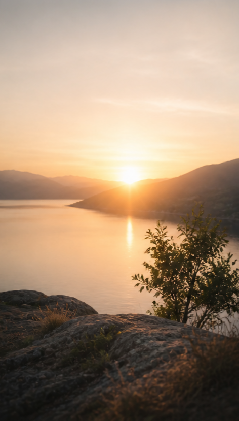 Sonnenuntergang über einem See mit Hügeln im Hintergrund und einem Baum im Vordergrund, fotografiert in der Natur.
