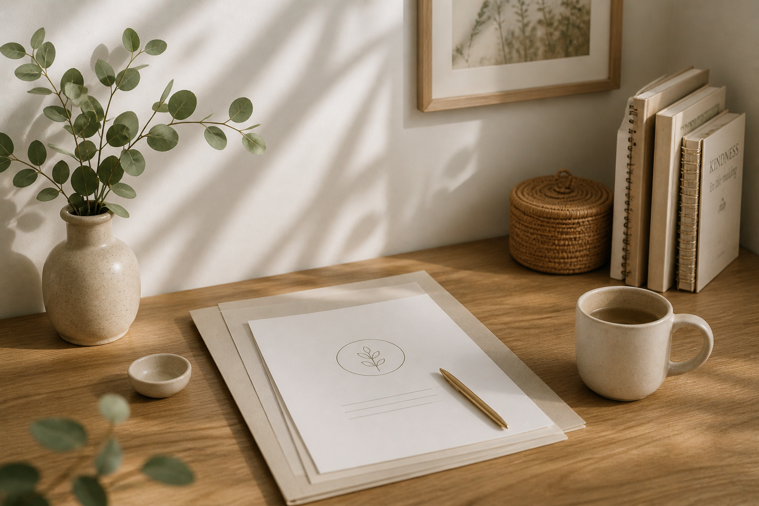 Ein Holztisch mit einem Blatt Papier, einer goldenen Kugelschreiber, einer weißen Tasse Kaffee, einem kleineren Schälchen, einem Vase mit grünen Zweigen, einem stilvoll eingerichteten Regal mit Büchern, einem runden Körbchen und einem Rahmen mit Naturbildern.