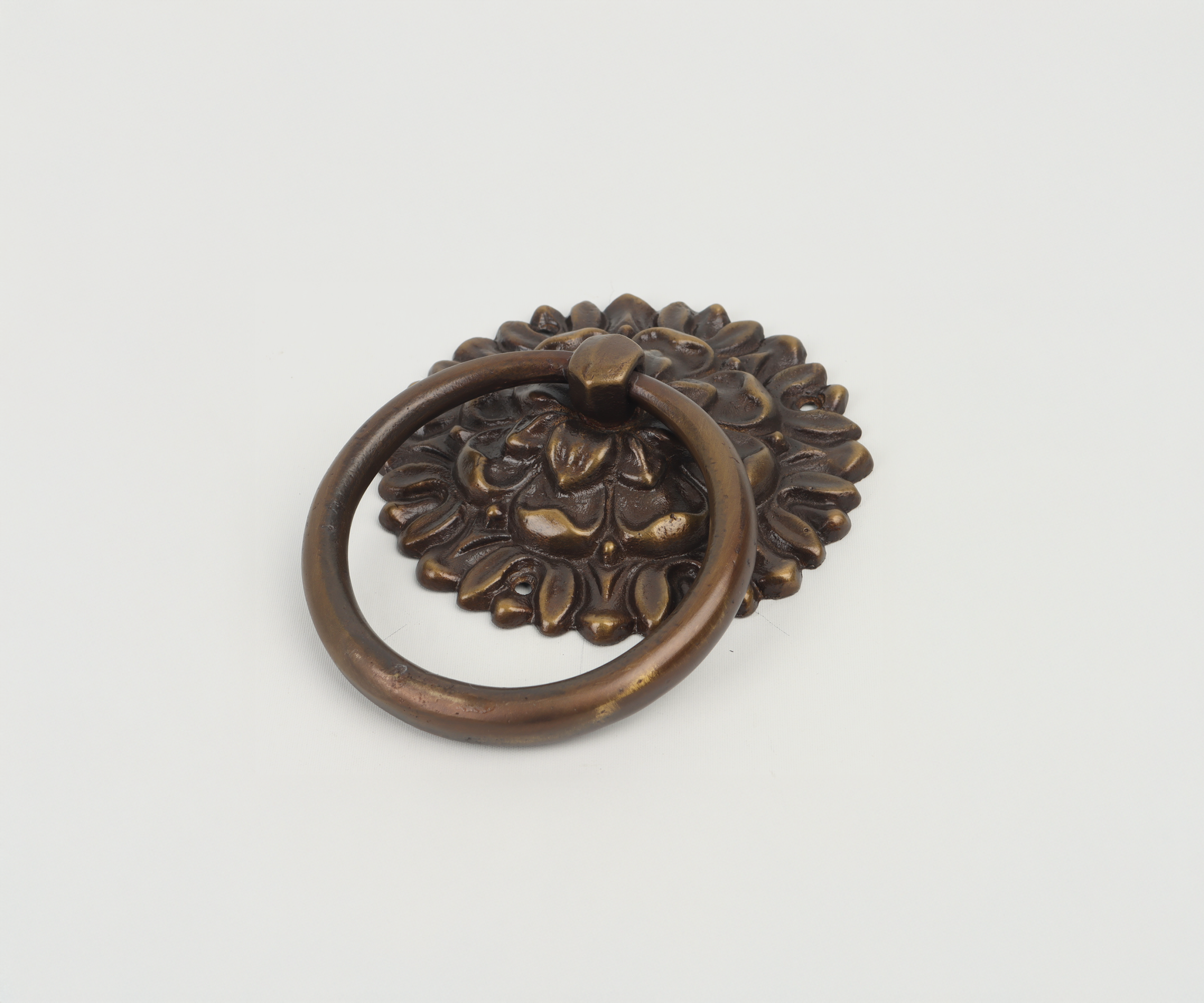 Brass door knocker with floral design on a white background.