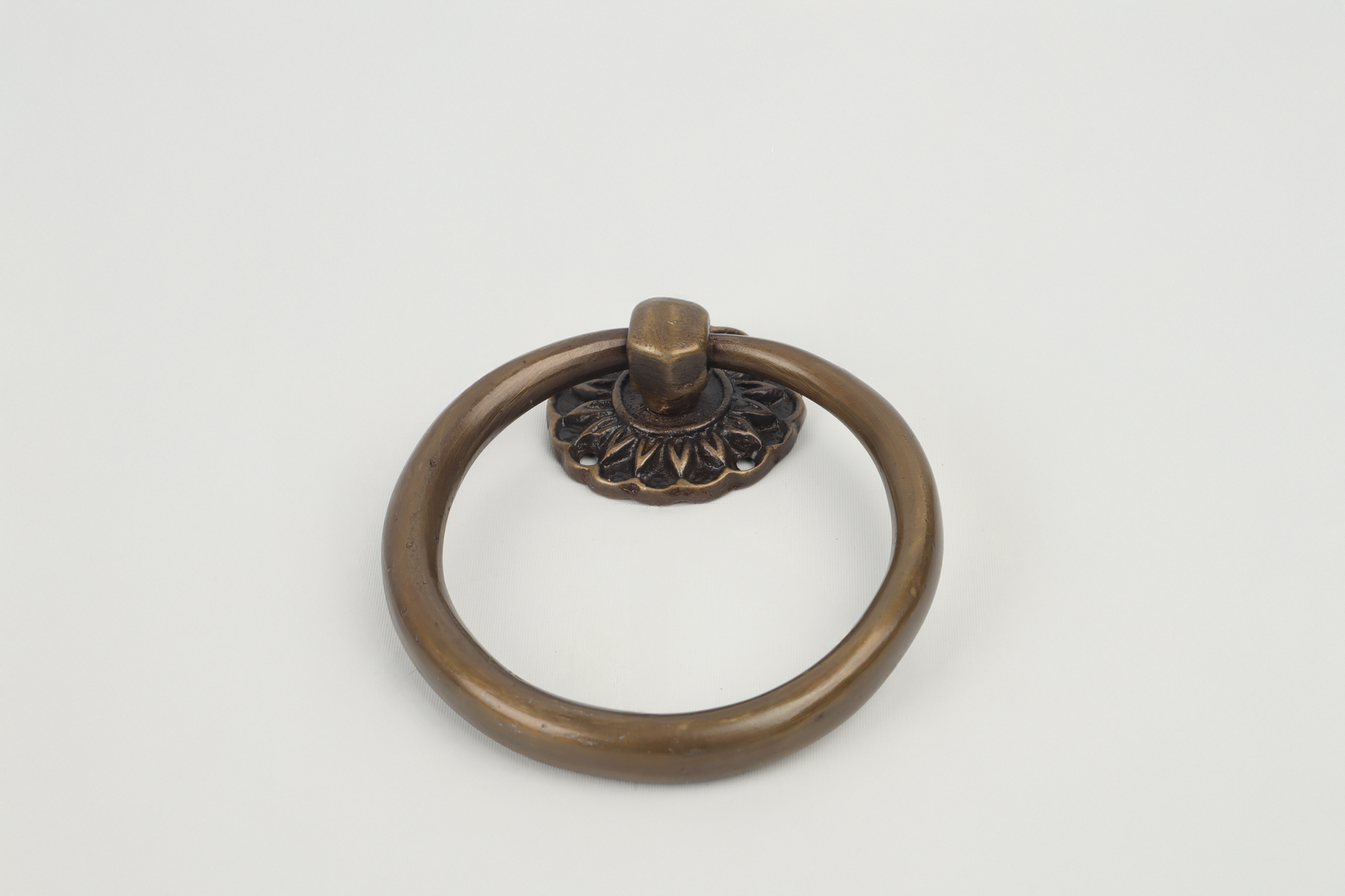 Antique brass door knocker with a circular ring and decorative backplate