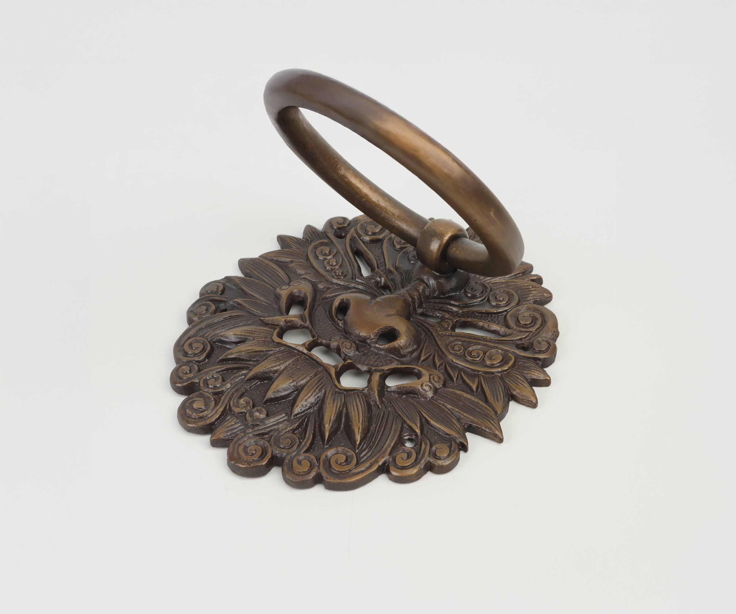 Decorative bronze door knocker with a lion's face and ornate floral and scroll details.