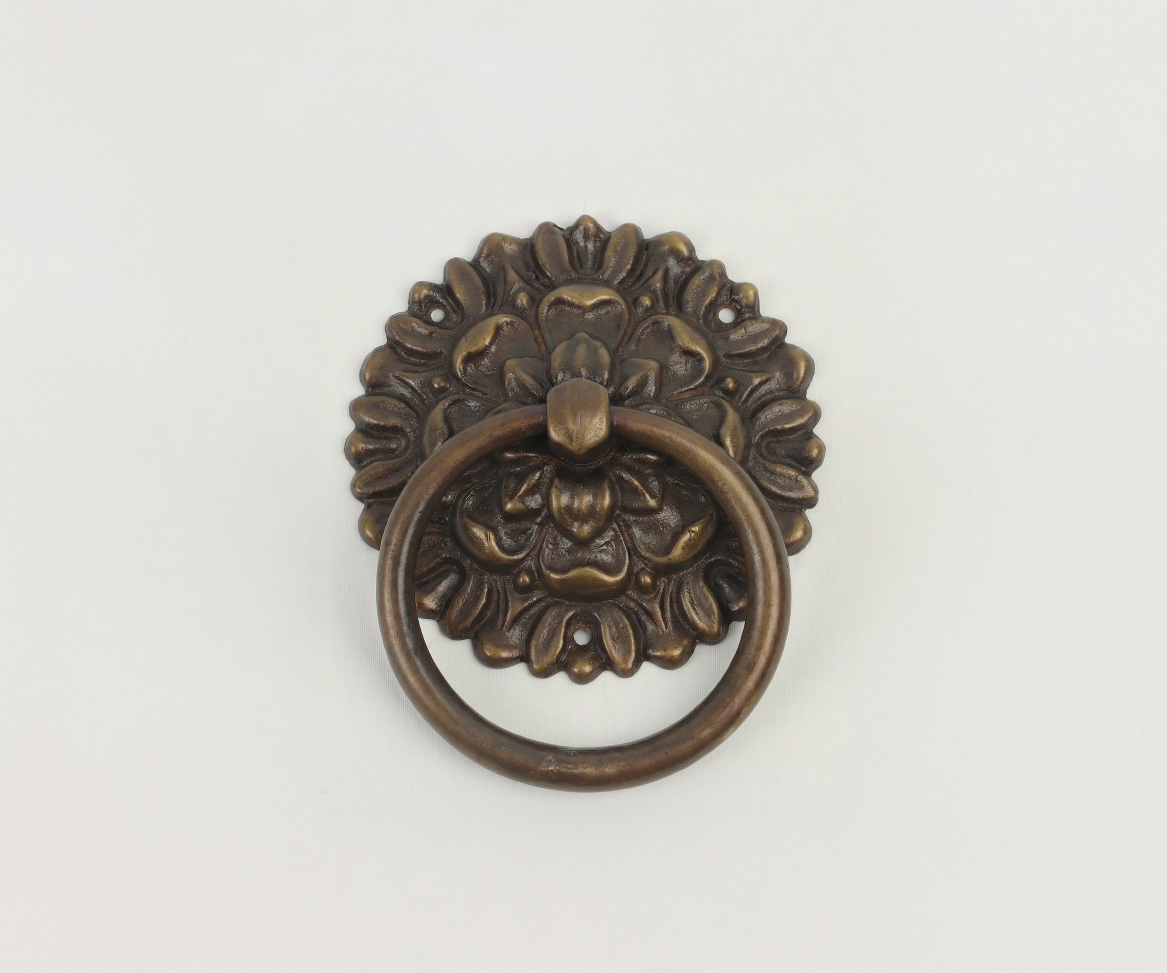 Close-up of an antique brass lion head door knocker on a white wall.