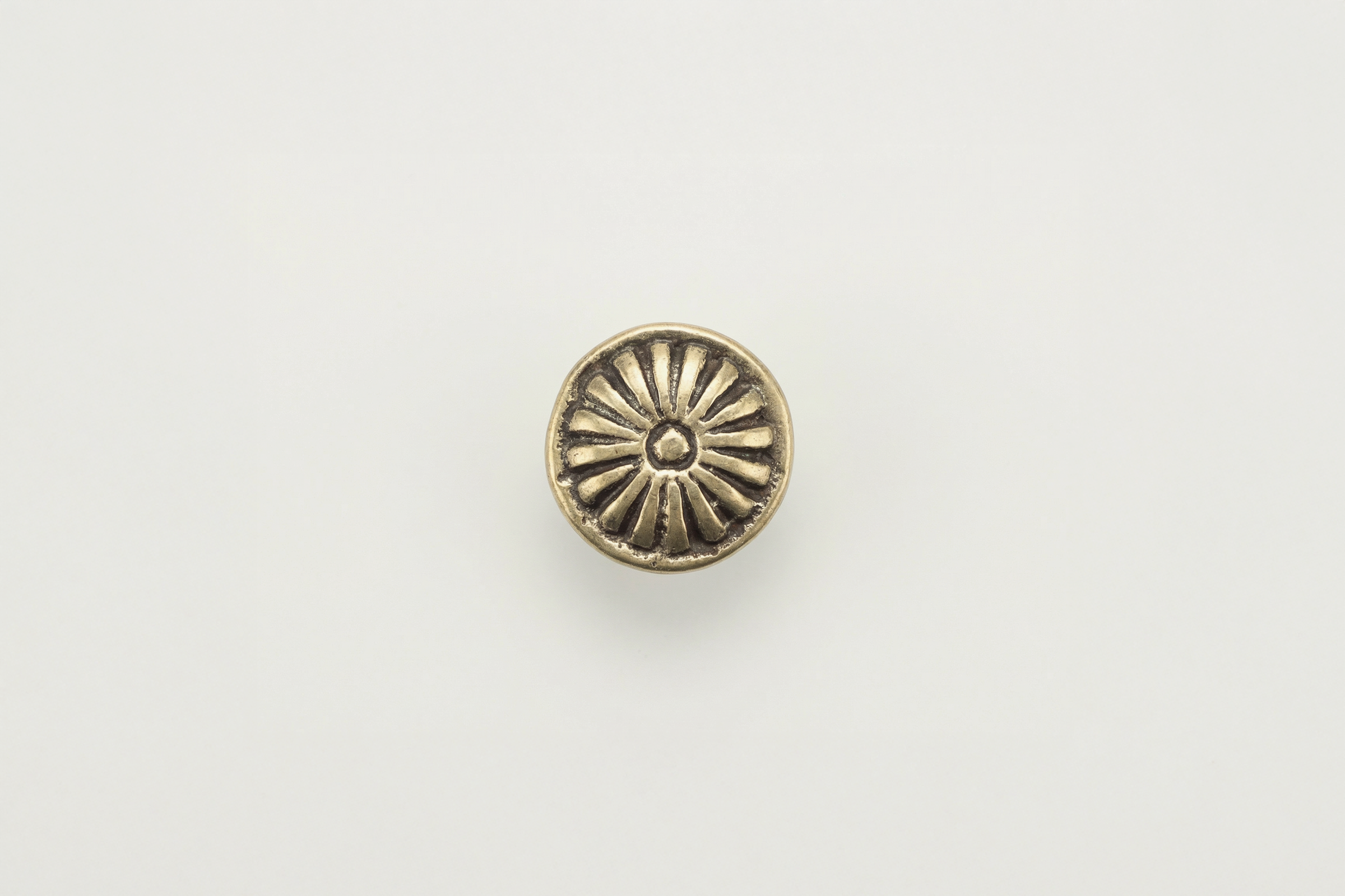 A metallic button with a circular, radiating pattern against a white background.