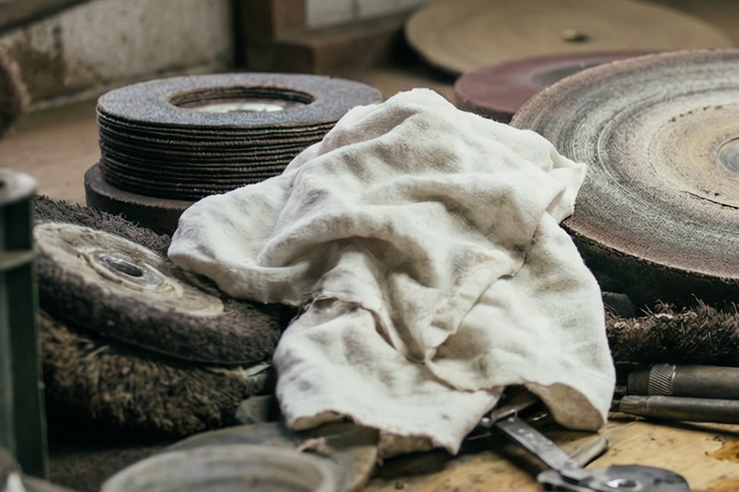 A workbench with stacked grinding or cutting discs, some covered in dust or debris, and a white cloth. Hand tools are partially visible at the bottom right.