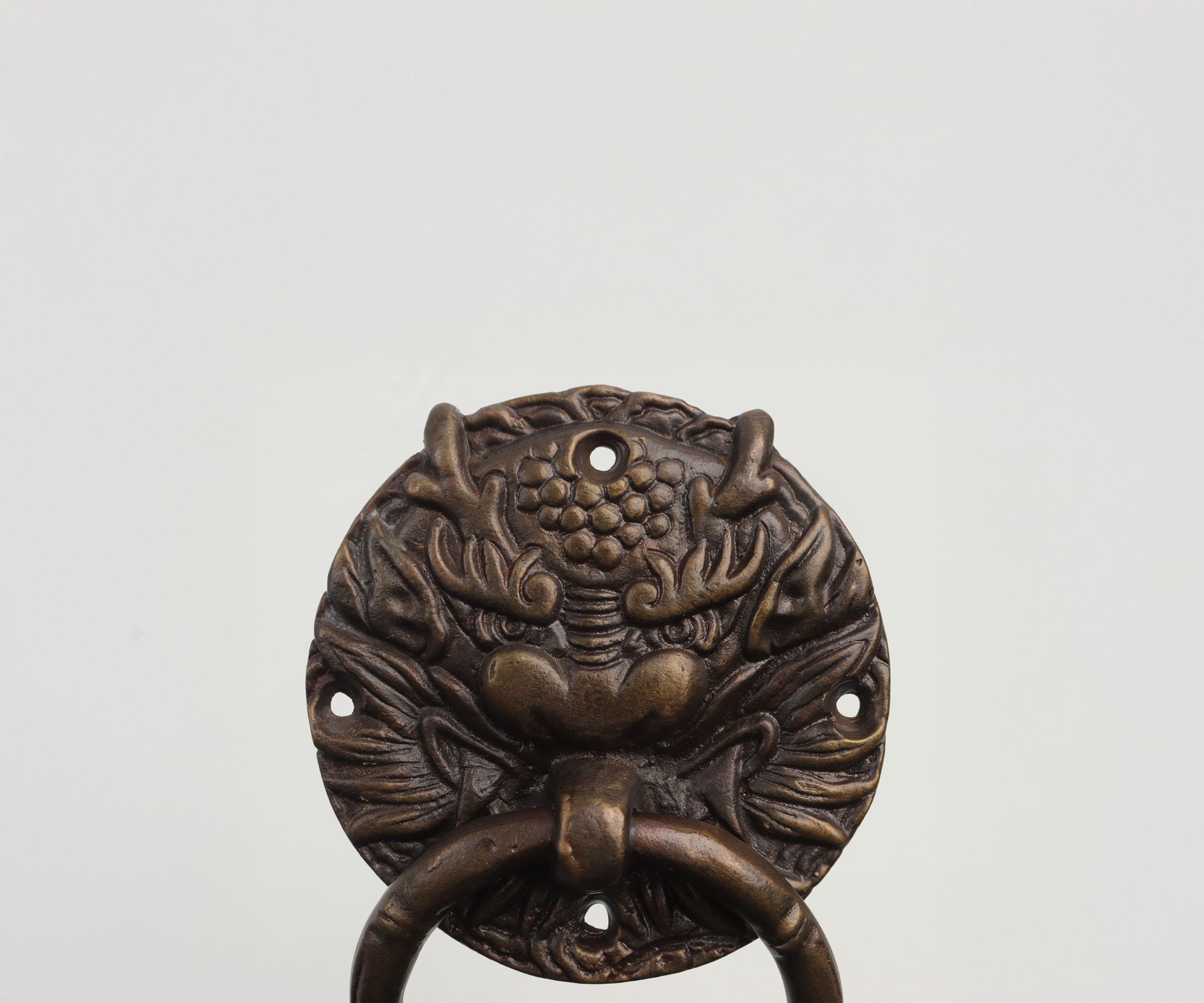 Close-up of a vintage metal door knocker with a lion's face design on a white background.