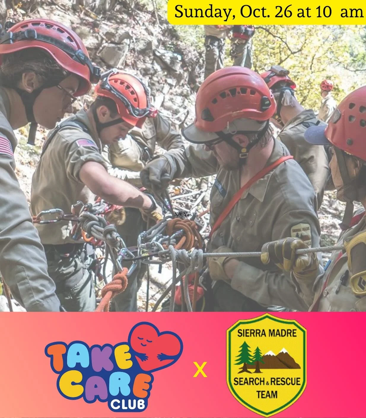 #TakeCareClub is invited to a field trip at the Sierra Madre Search and Rescue this Sunday, October 26 at 10 am. The field trip will include a talk about hiking safety and some basic first aid training. Parents are encouraged to participate! DM to RS