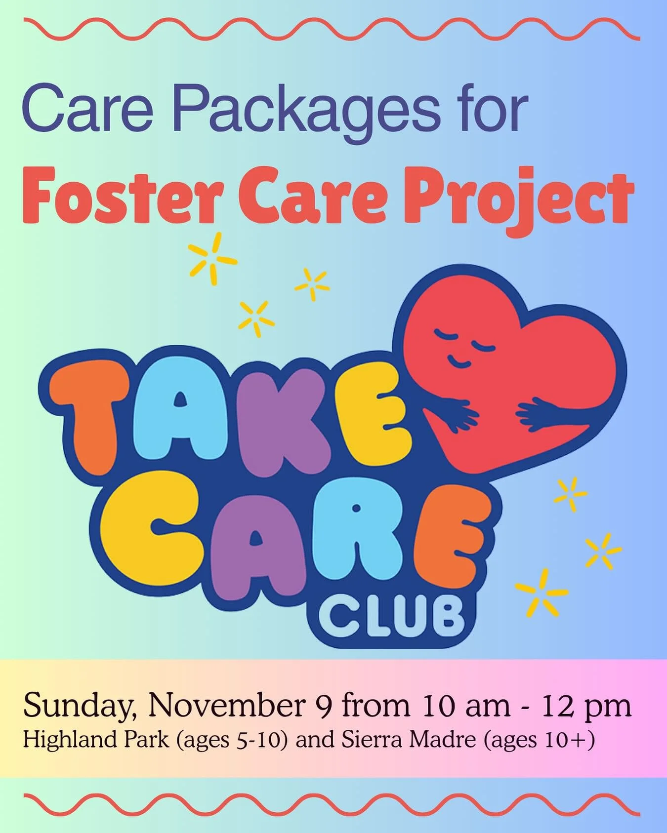 #TakeCareClub is meeting this Sunday, Nov. 9 from 10 am - 12 pm to assemble care kits for the #FosterCareProject in Pasadena. The kits will be delivered to social workers who will share them directly with children. ❤️ DM for details or visit website 