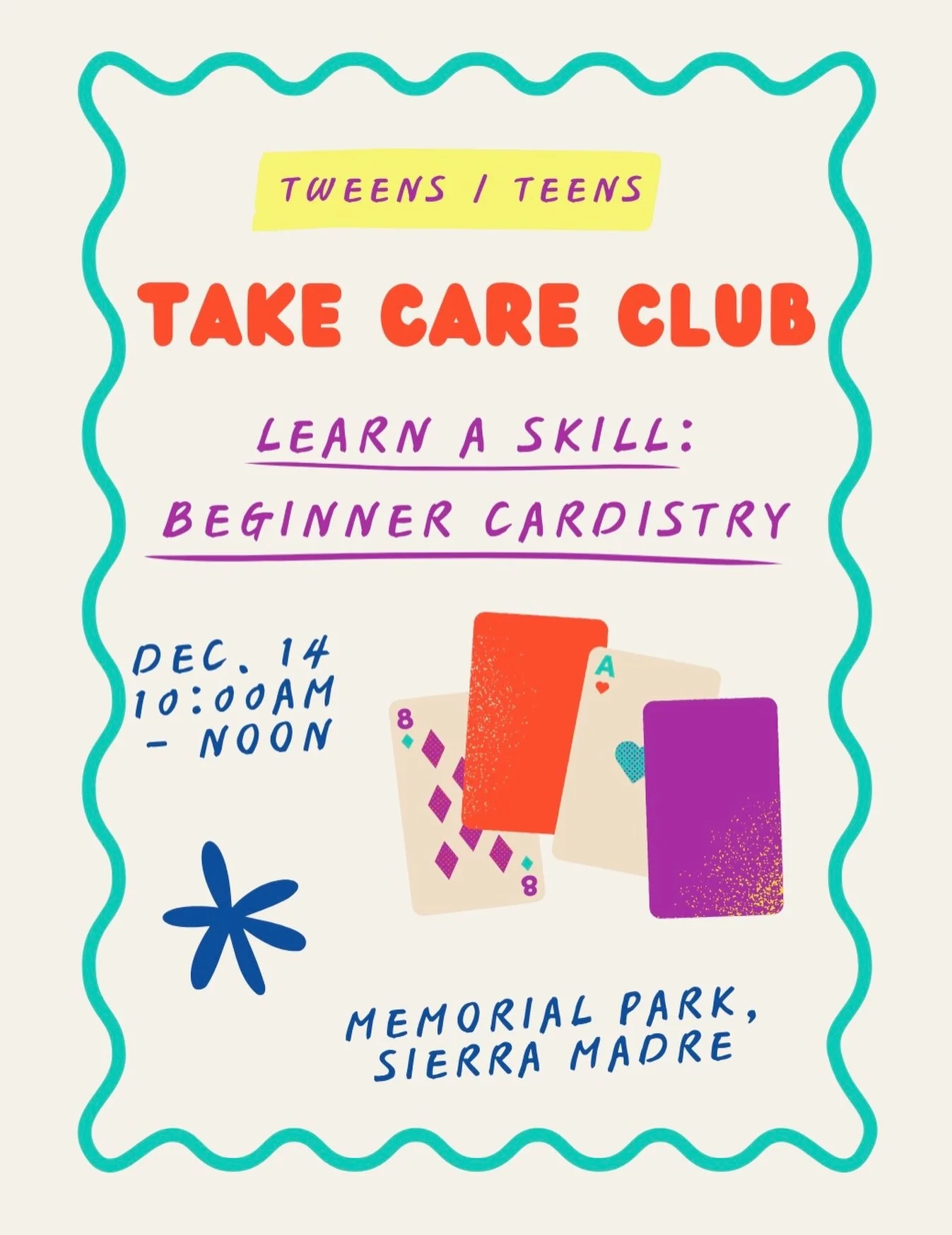 Tweens/Teens (Ages 10+) Take Care Club &mdash; End-of-Year Meetup 🥳✨
Dec 14 &bull; 10&ndash;Noon We&rsquo;re wrapping up the year with something extra fun&hellip; Beginner Cardistry! 🎴💫 A few amazing cardists are joining us to teach the basics and