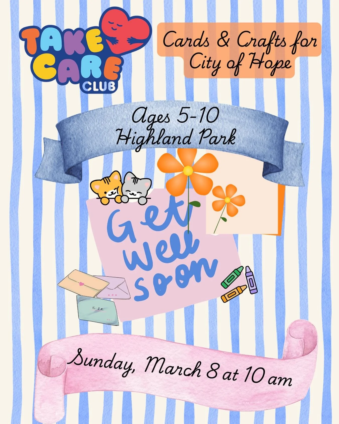Take Care Club ages 5-10 will be meeting at Hermon Park this Sunday, March 8 from 10 AM - 12 PM to make cards and crafts for patients at @cityofhope. We&rsquo;ll be talking about extending kindness and comfort during times of illness and ways we can 
