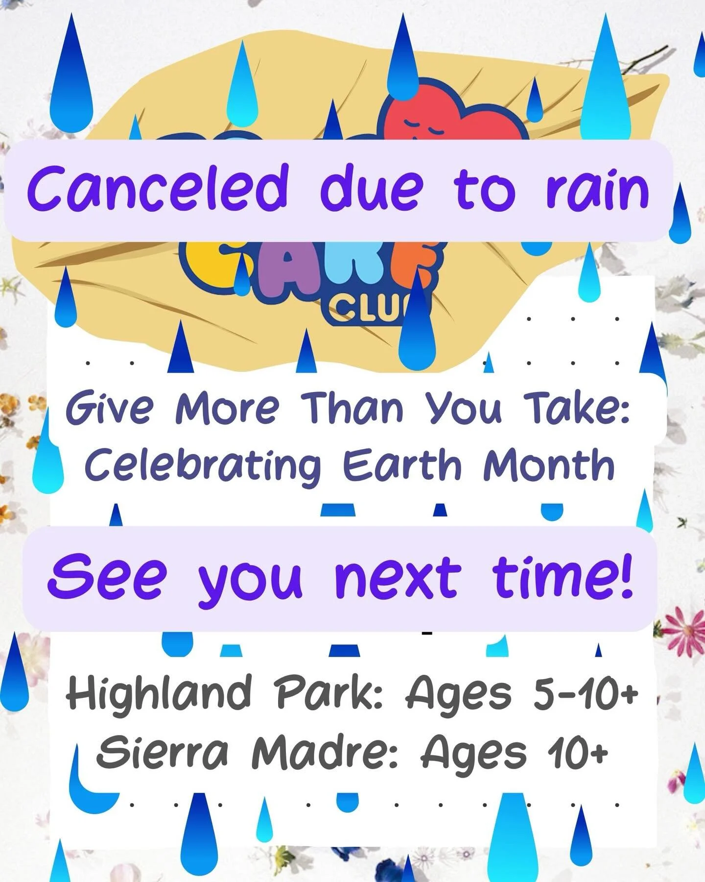 📣 Take Care Club kids and teens is canceled this Sunday, April 12 from 10 AM &ndash; 12 PM due to rain 💧🌧️💧

Save the date for a Take Care Club field trip on Friday, May 8 at 4 pm to Moore Lab at @occidentalcollege to learn about how we can take 