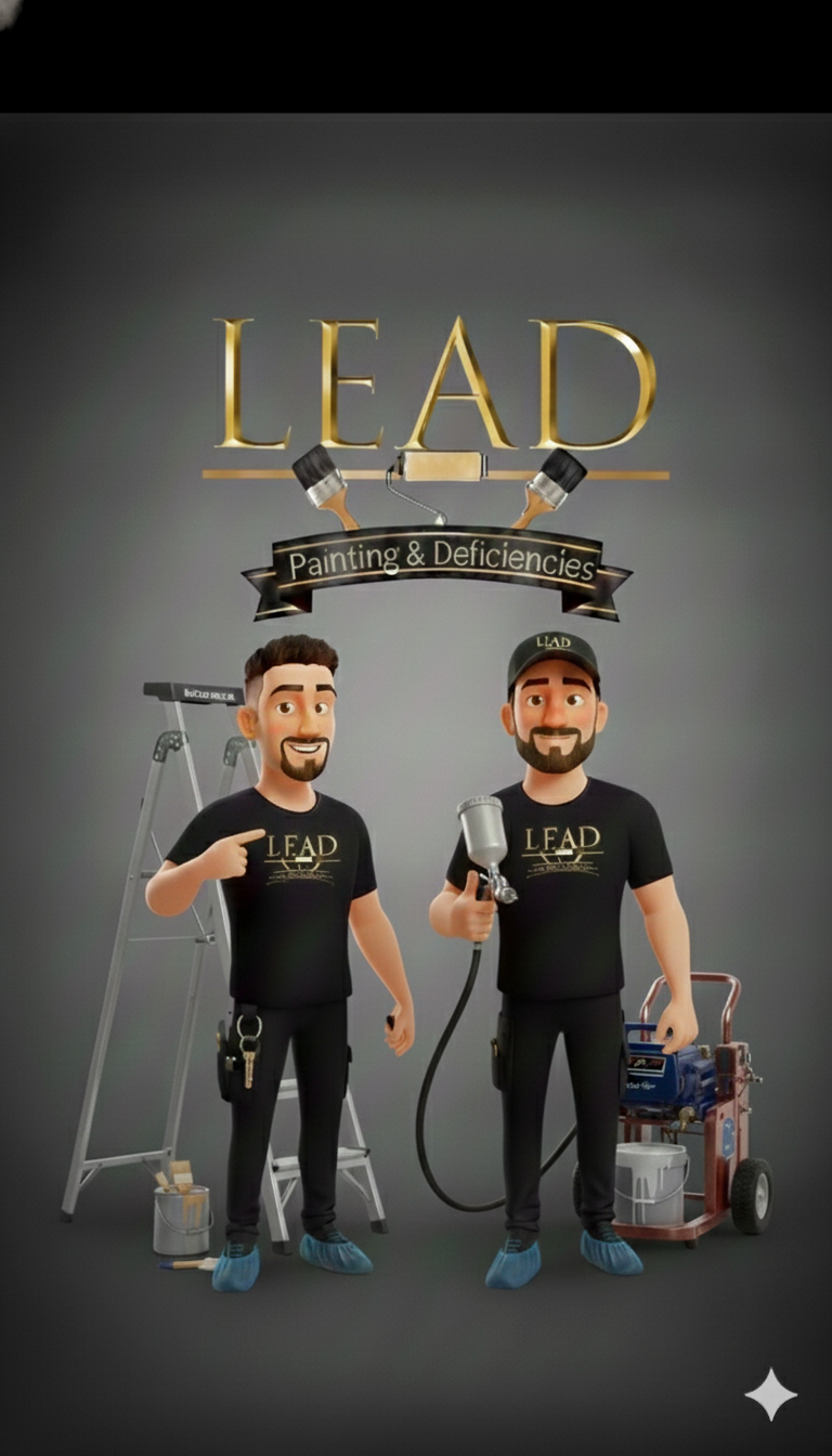 Two cartoon-style builders in black t-shirts and caps, standing in front of a gray background with a ladder, paint supplies, and a banner that reads 'LEAD Painting & Deficiencies'.