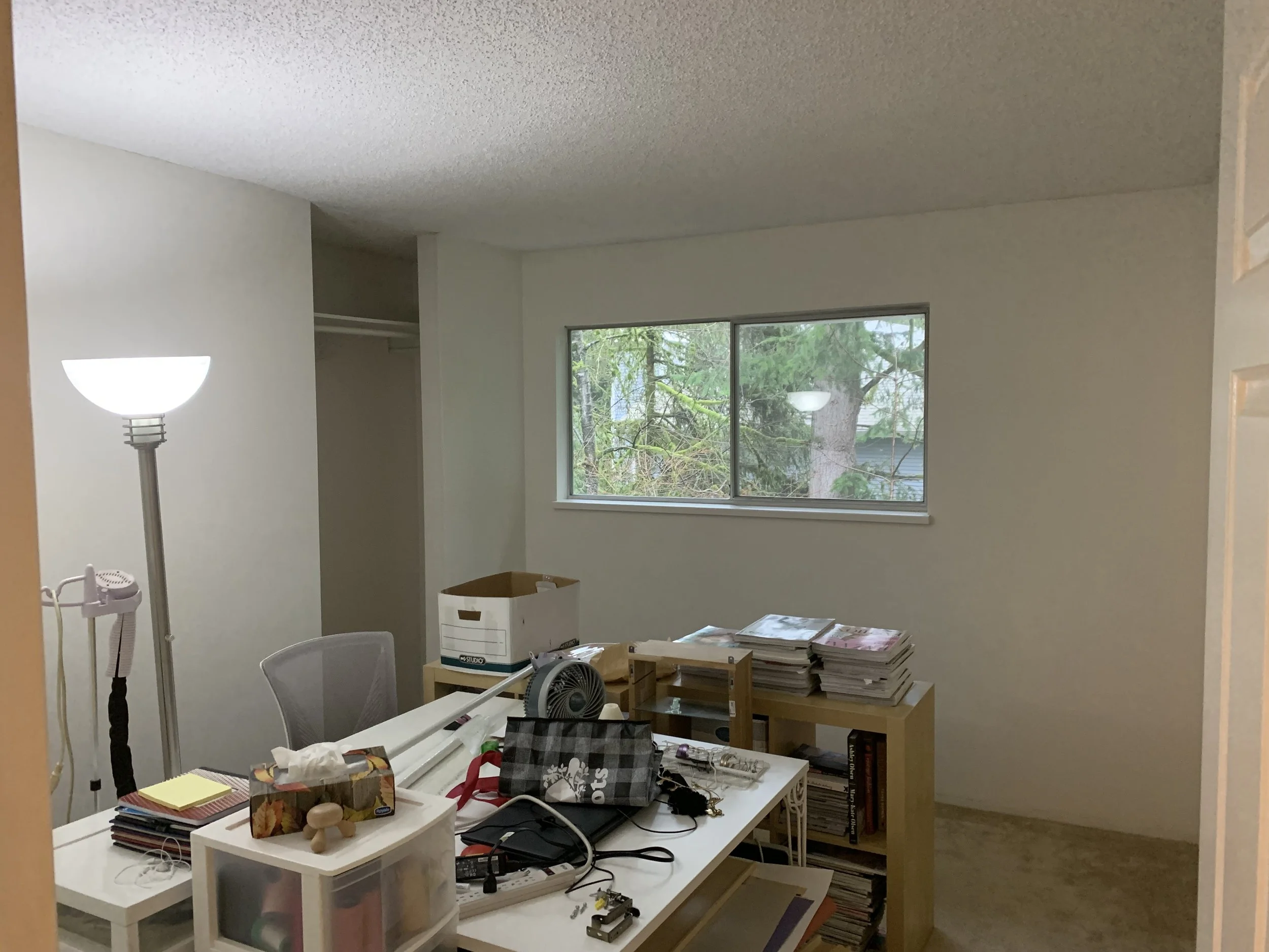 Empty office or study room with cluttered desk, a window showing green trees, and a white floor lamp.