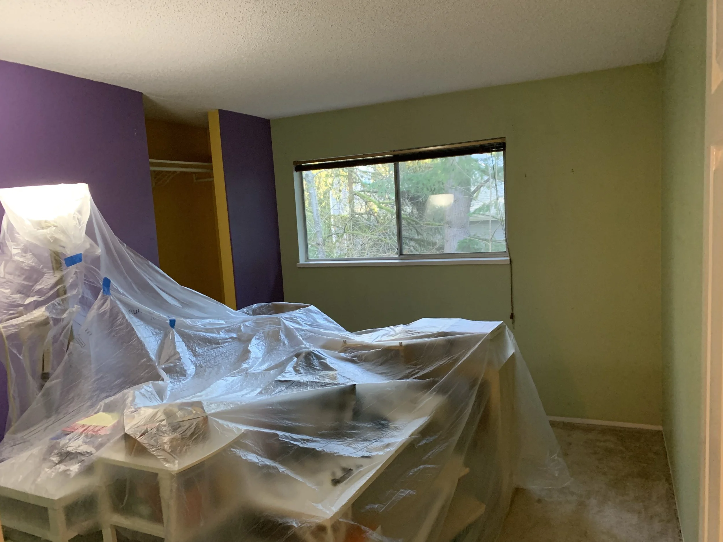 Bedroom under renovation with plastic covering furniture, window showing trees outside, and purple and green walls.