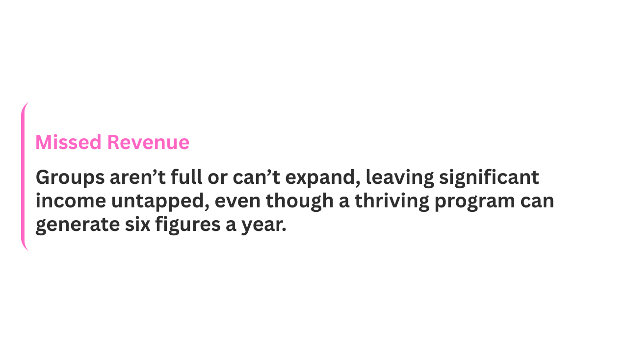 Text slide with pink highlight reading 'Missed Revenue' and black text discussing groups not expanding, leaving income unclaimed, despite a thriving program generating six figures annually.