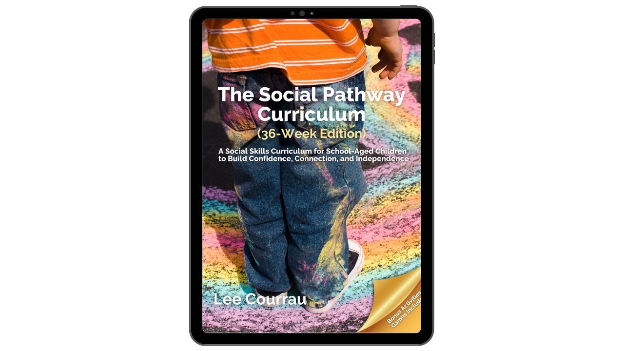Cover of a book titled 'The Social Pathway Curriculum, 36-Week Edition' for school-aged children, featuring a child standing on a colorful chalk drawing on the ground, wearing a striped orange shirt and jeans with colorful paint splatters.