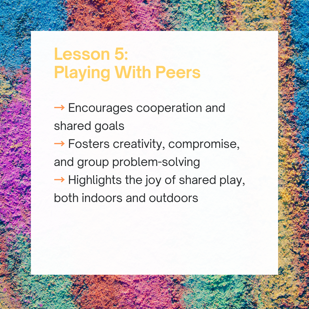 A colorful, textured background with a white overlay containing text about playing with peers, highlighting cooperation, creativity, and shared joy in indoor and outdoor play.