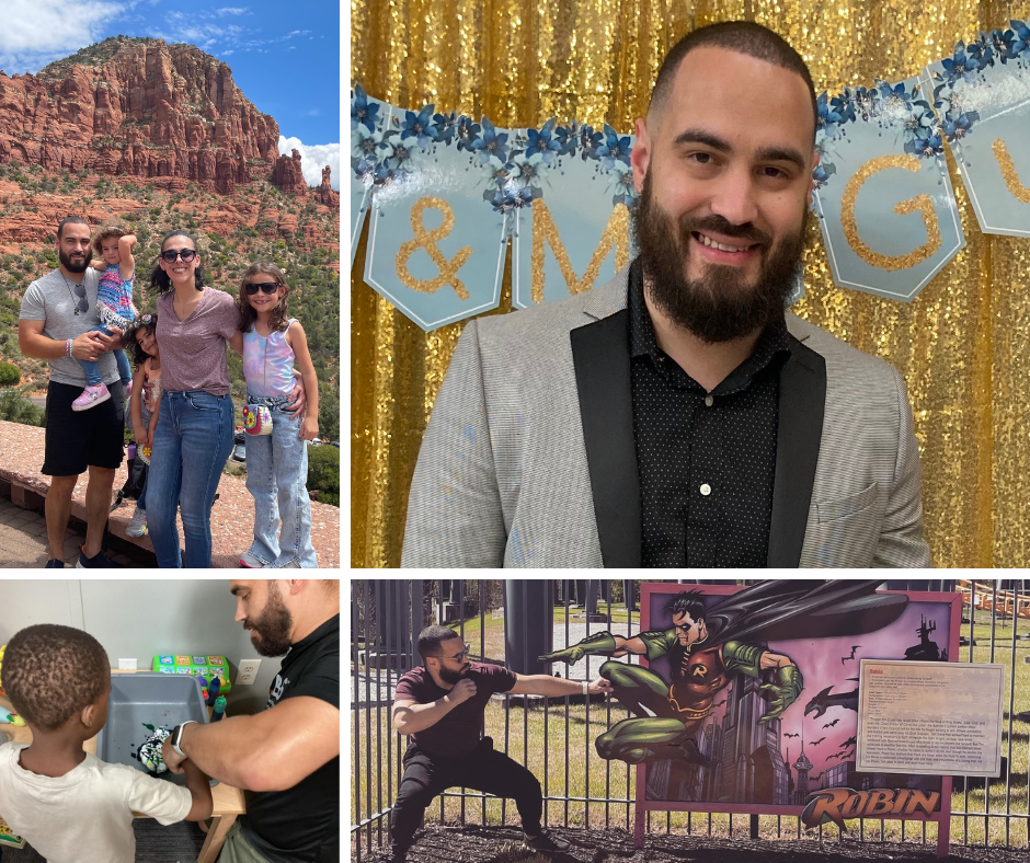 Collage of four images. Top left shows a family with two children and a man in front of red rock formations. Top right depicts a man with a beard in a suit jacket with a gold curtain and decorative banner in the background. Bottom left features a man assisting a young boy at a vending machine. Bottom right captures a man posing as a superhero character Robin against a metal fence and painted backdrop.