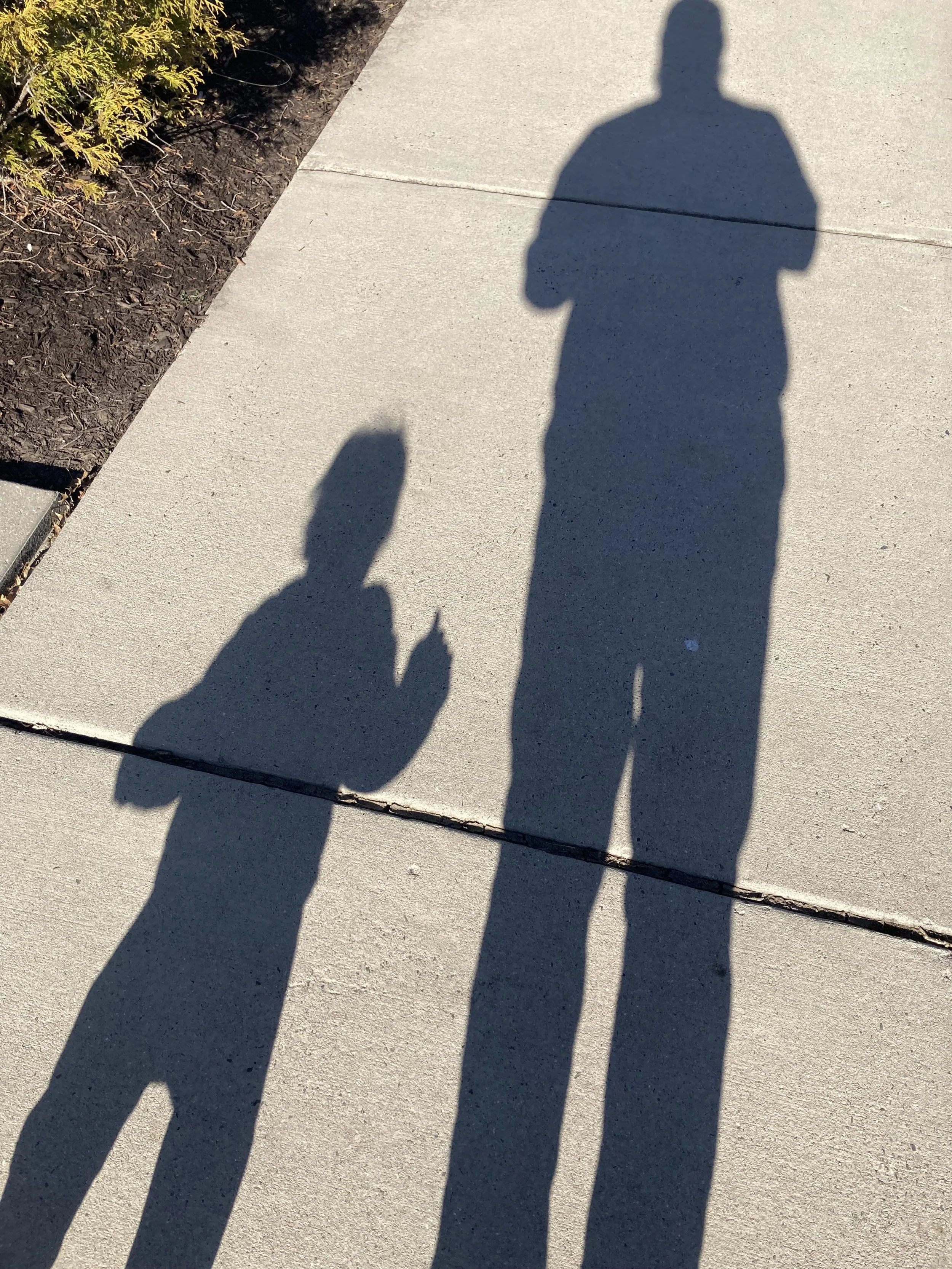 Shadow of two people on a sidewalk, one taller and one shorter, with the shorter person making a peace sign. There is a patch of plants on the left side.