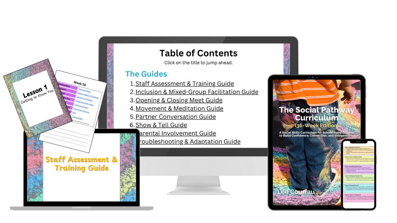 Digital devices displaying educational materials, including a computer monitor with a table of contents, a tablet showing a curriculum cover, a laptop with a staff assessment guide, and a phone with a colorful chart, surrounded by colorful textured backgrounds.