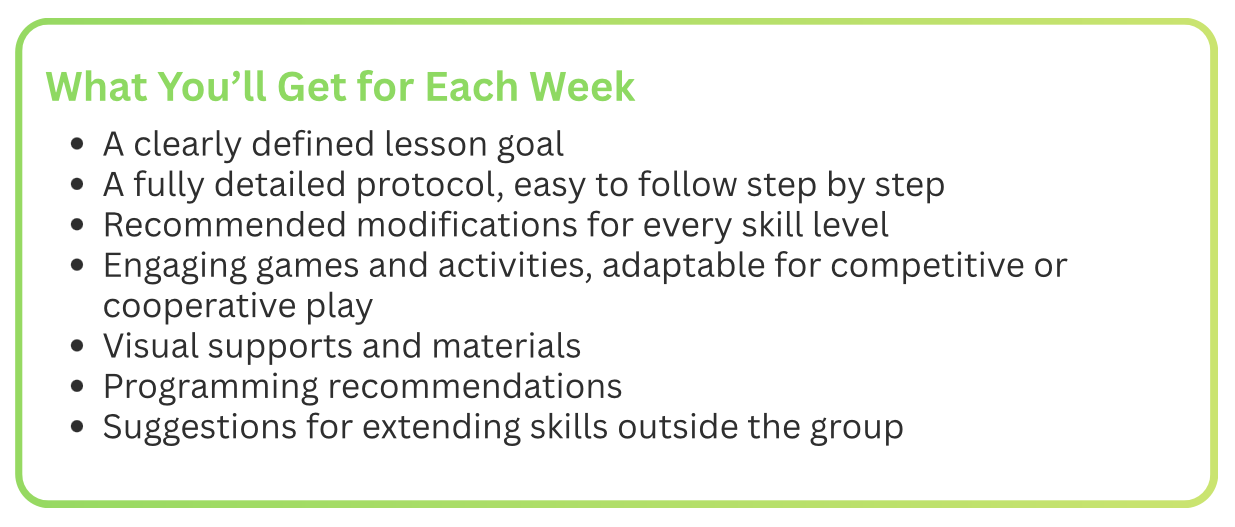 A list titled 'What you'll get for each week' with six bullet points outlining lesson goals, protocols, modifications, games, visual supports, programming, and skill extension suggestions.