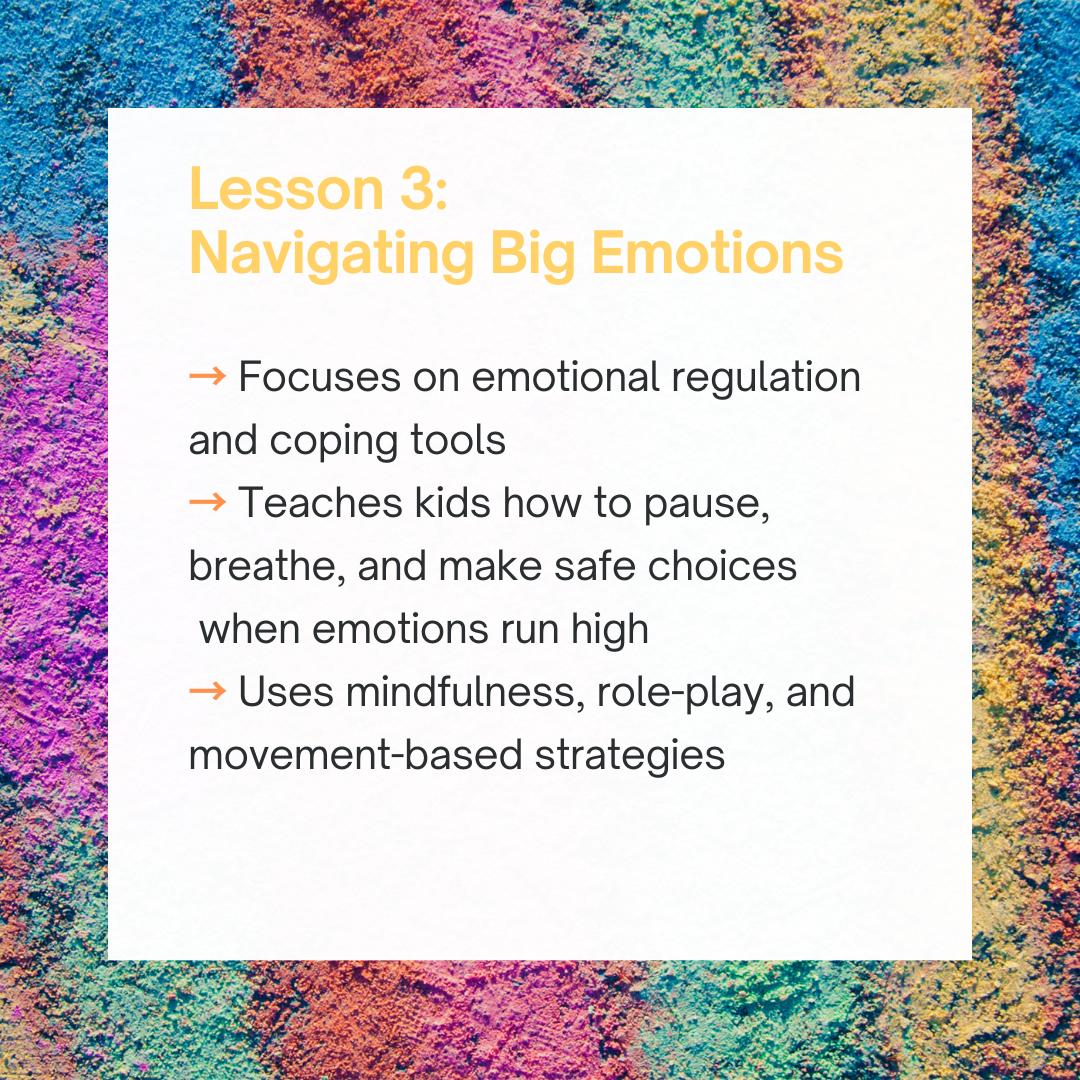 Lesson 3 titled Navigating Big Emotions with colorful textured background and a white text box containing points about emotional regulation, teaching kids to pause and breathe, and using mindfulness and movement strategies.
