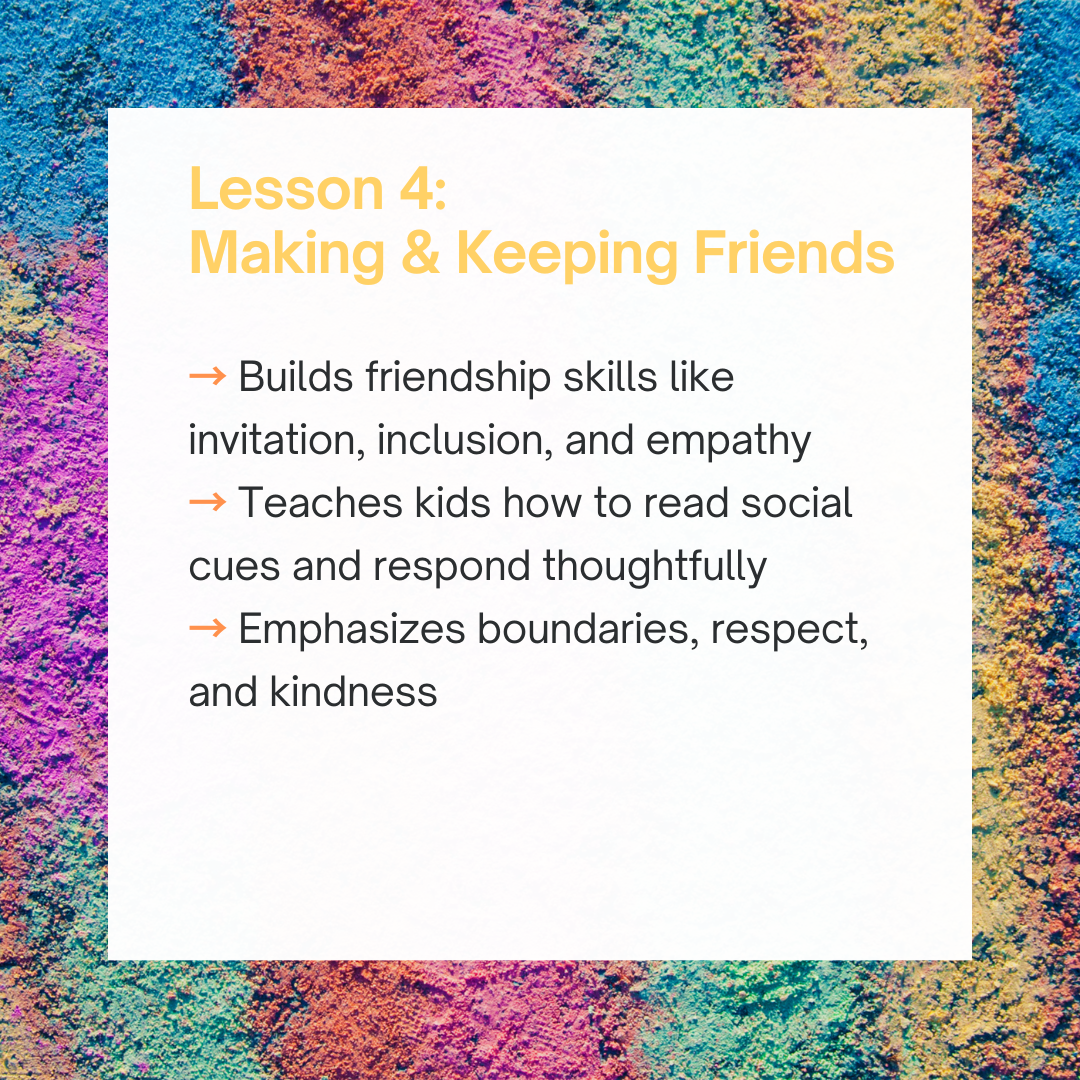 A colorful textured background with a white box containing yellow and black text about a lesson on making and keeping friends.