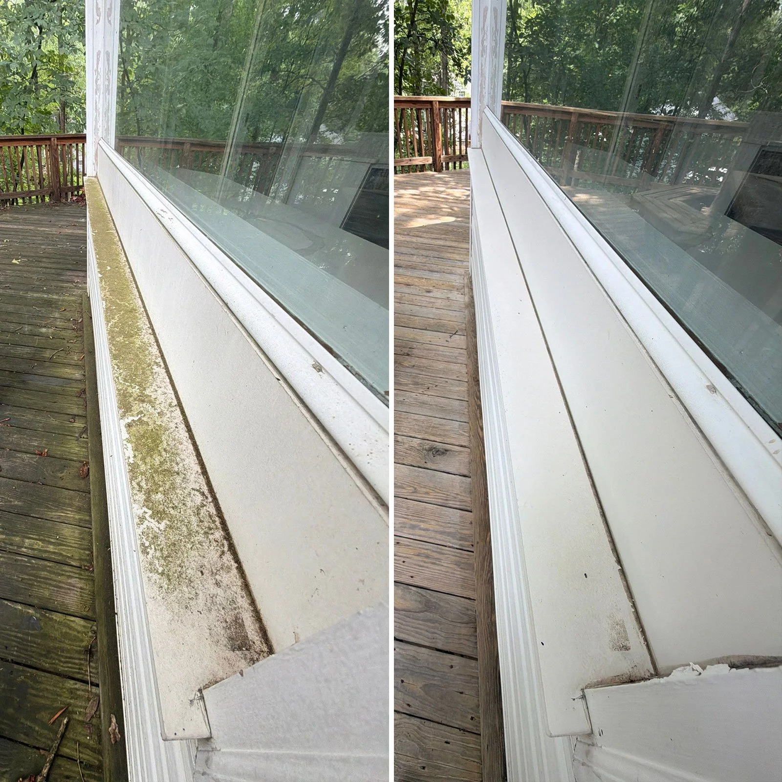 Comparison of two images showing the same exterior window and deck area, with the left side displaying dirt and grime buildup on the exterior wall and trim, and the right side showing a cleaned and refurbished surface.