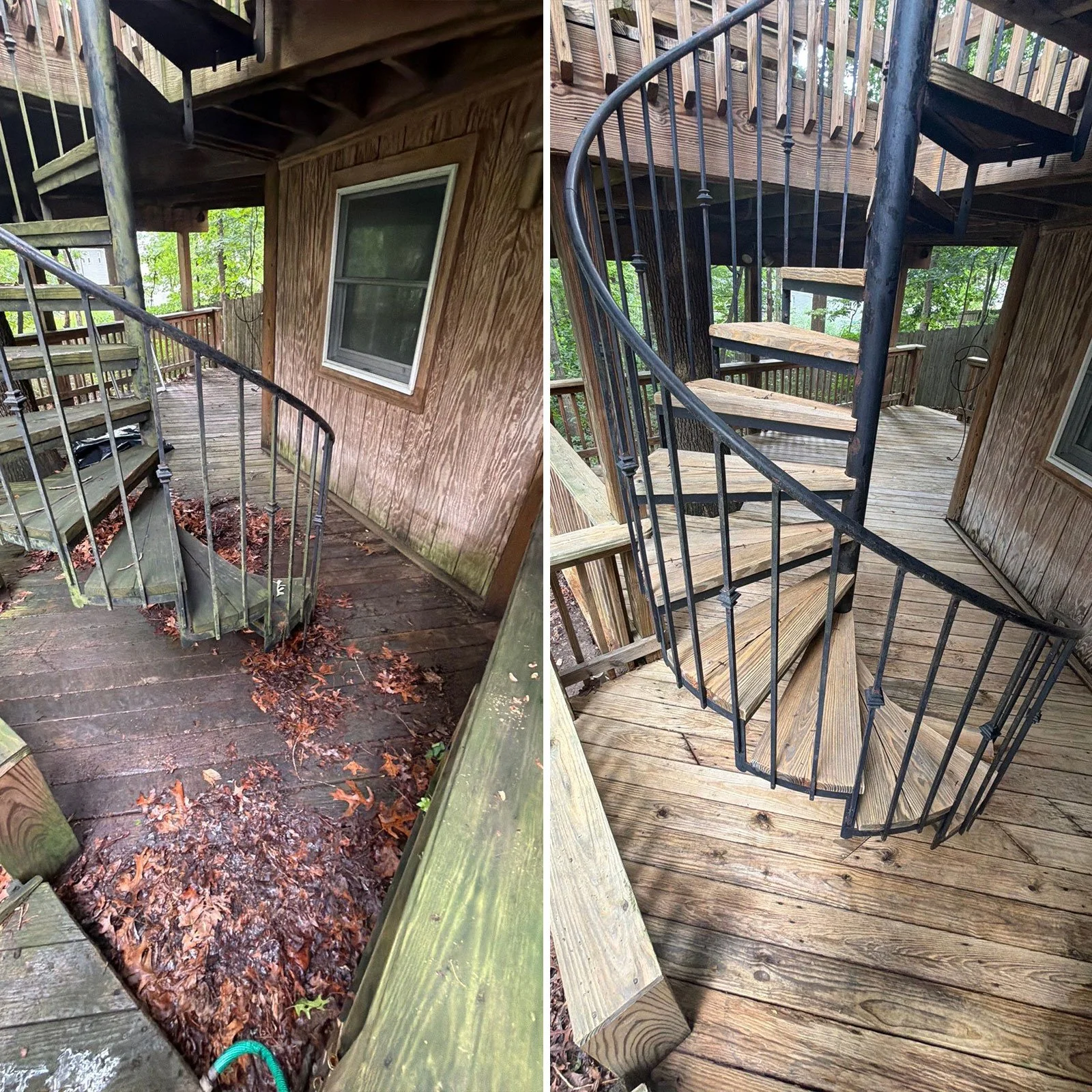 Comparison of a weathered wooden outdoor staircase with leaves and dirt at the bottom on the left, and a recently renovated wooden staircase with clean, fresh wood on the right.