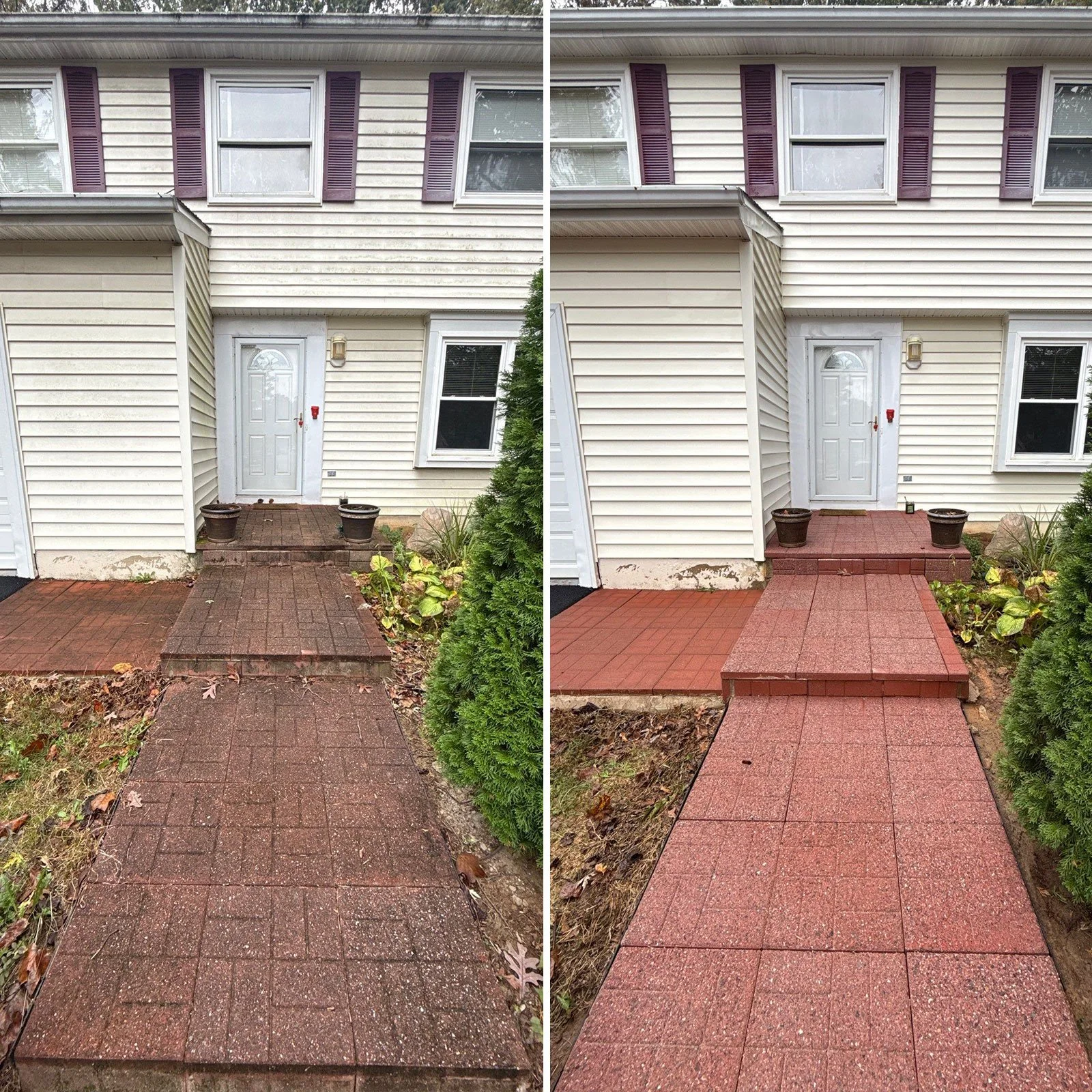 Side-by-side comparison of a house entrance before and after a driveway concrete repair, showing a brick pathway and steps leading to the front door, with a bush on the right and house siding with purple shutters.